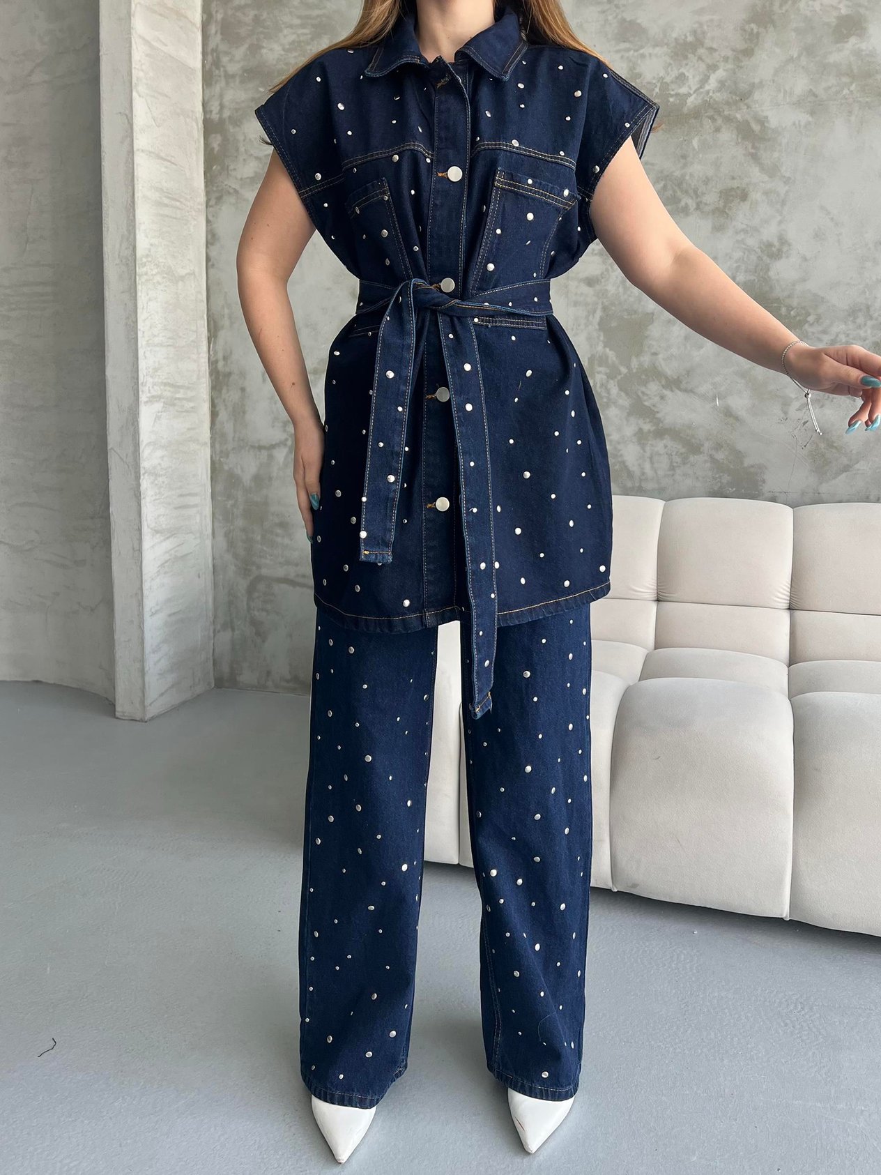 Taşlı Denim İkili Takım