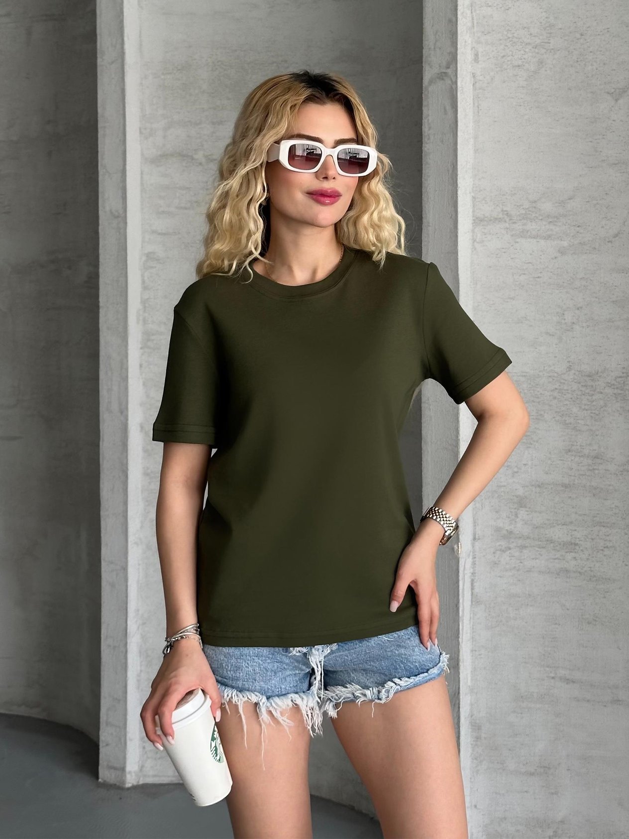 Unisex Düz Haki Tişört