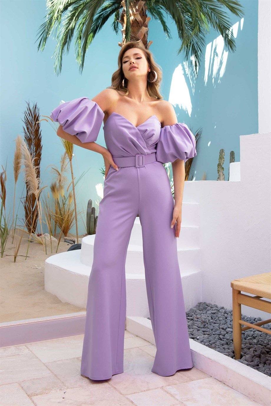 20511-15CARMENCarmen Lila Krep Balon Kollu Kemerli Tulum