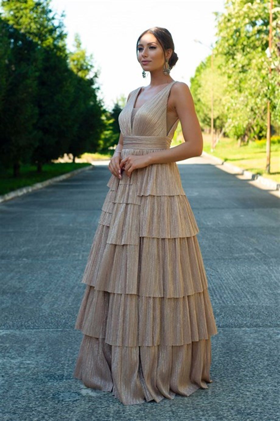 55596-9CARMENCarmen Gold Tüllü Uzun Prenses Abiye Elbise