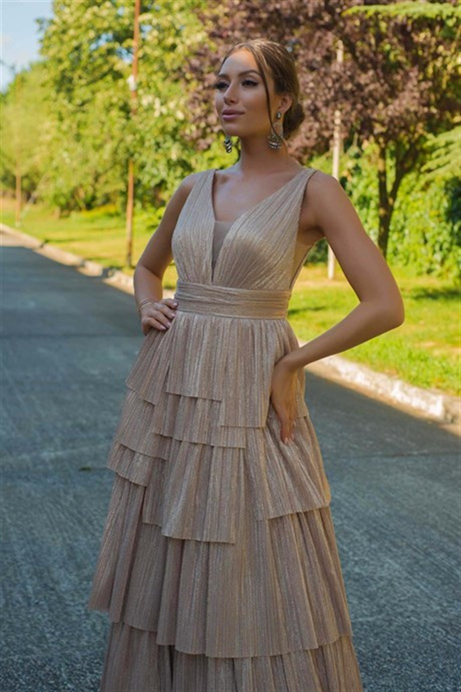 55596-9CARMENCarmen Gold Tüllü Uzun Prenses Abiye Elbise