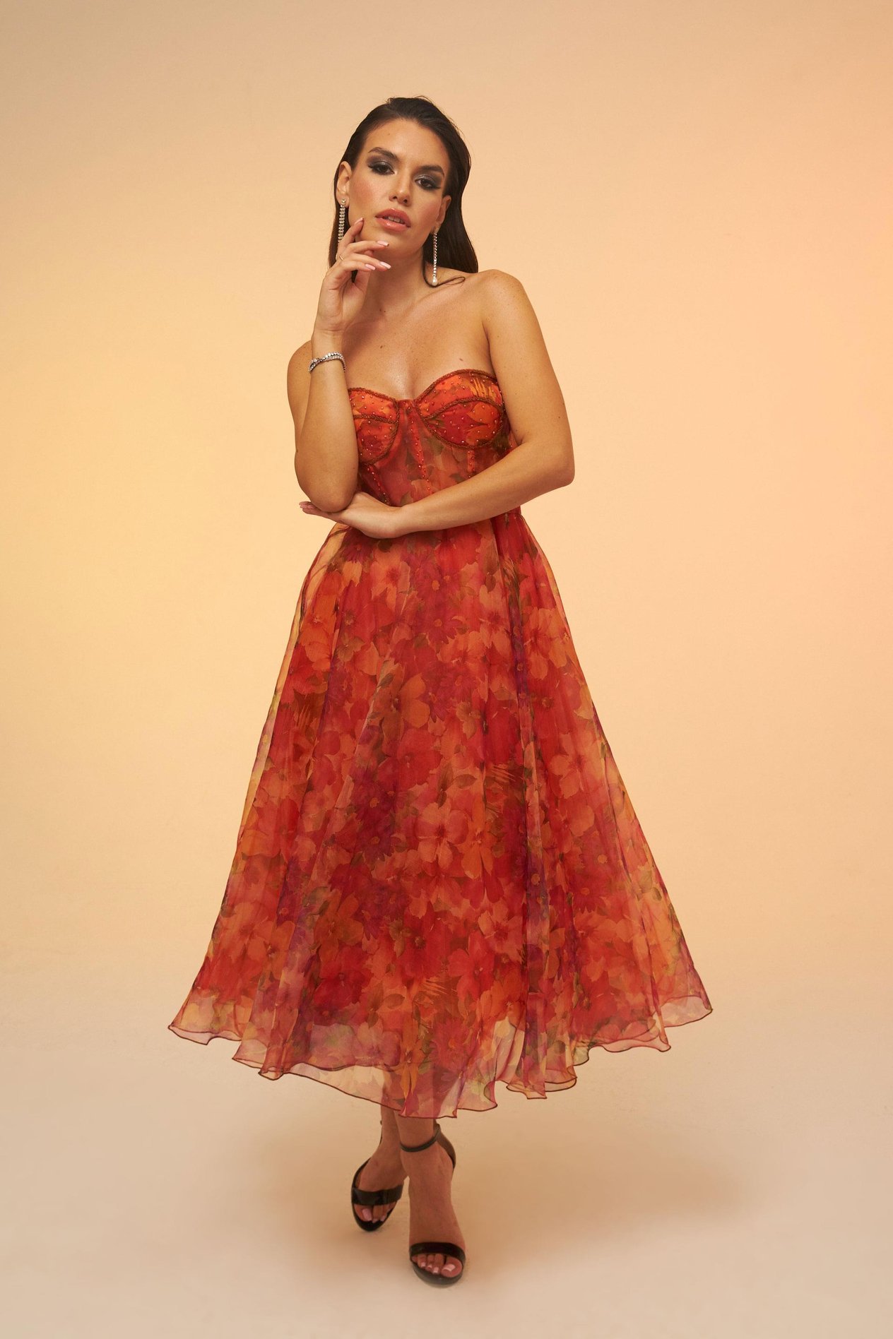 58036-106CARMENCarmen Orange Empirme Straplez Midi Abiye Elbise