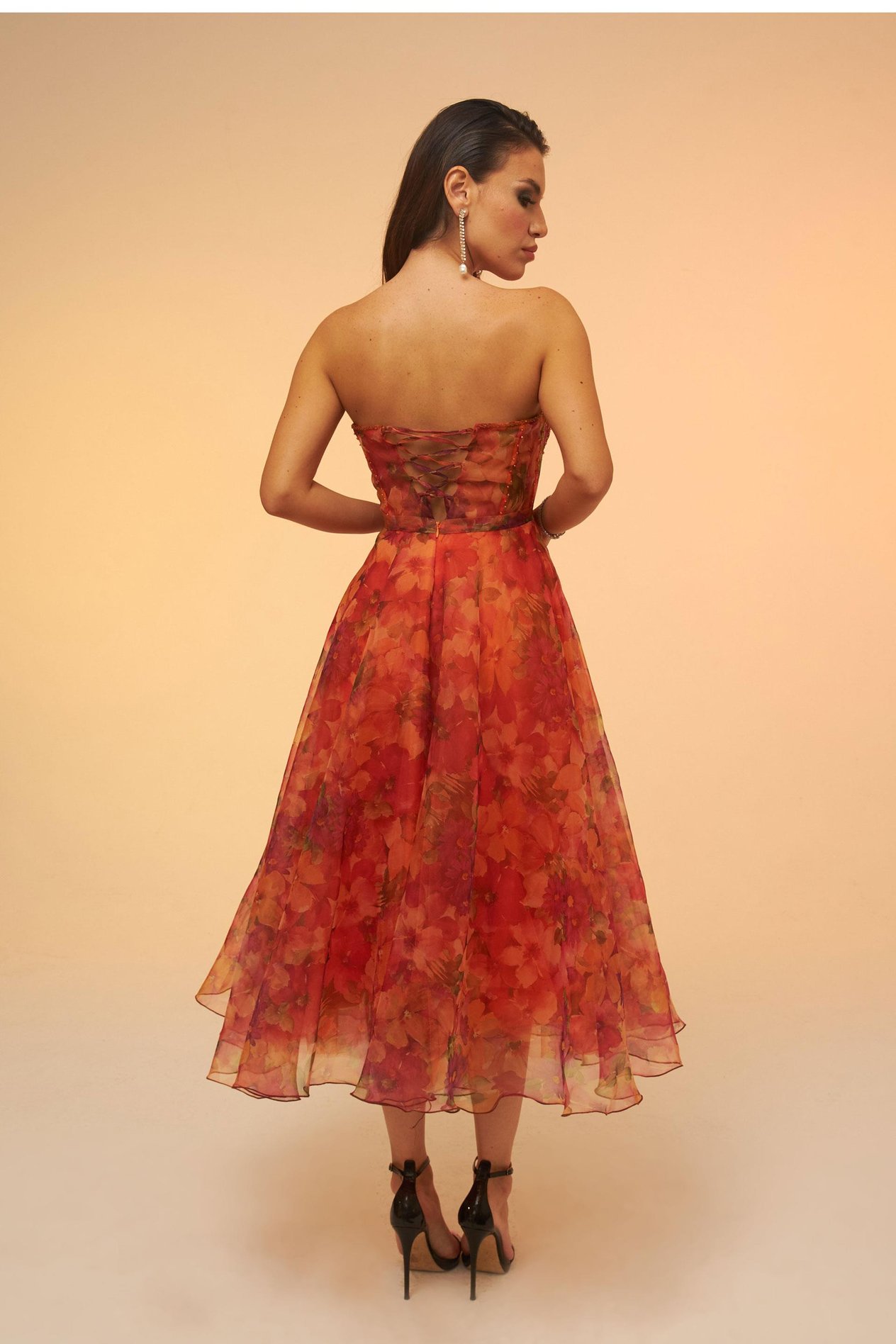 58036-106CARMENCarmen Orange Empirme Straplez Midi Abiye Elbise