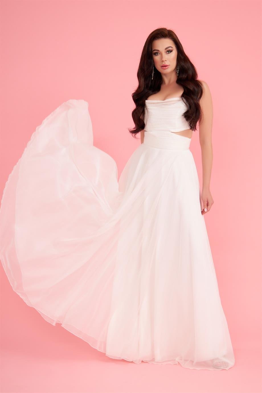 58090-6CARMENCarmen Ekru Şifon Askılı Piliseli Uzun Nikah ve Dış Çekim Elbisesi