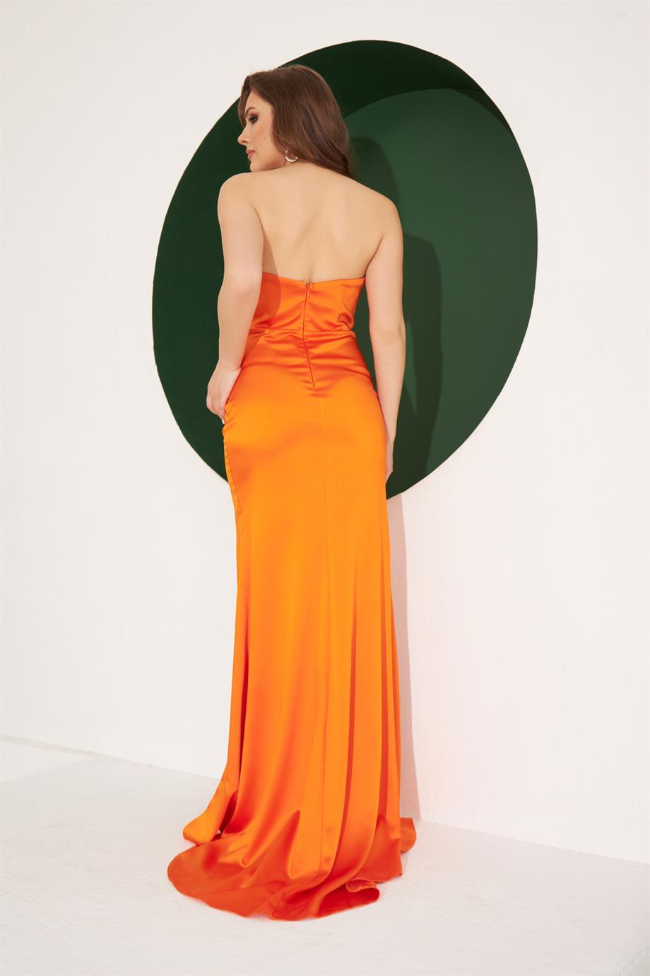 58126-106CARMENCarmen Orange Saten Straplez İşlemeli Uzun Abiye Elbise