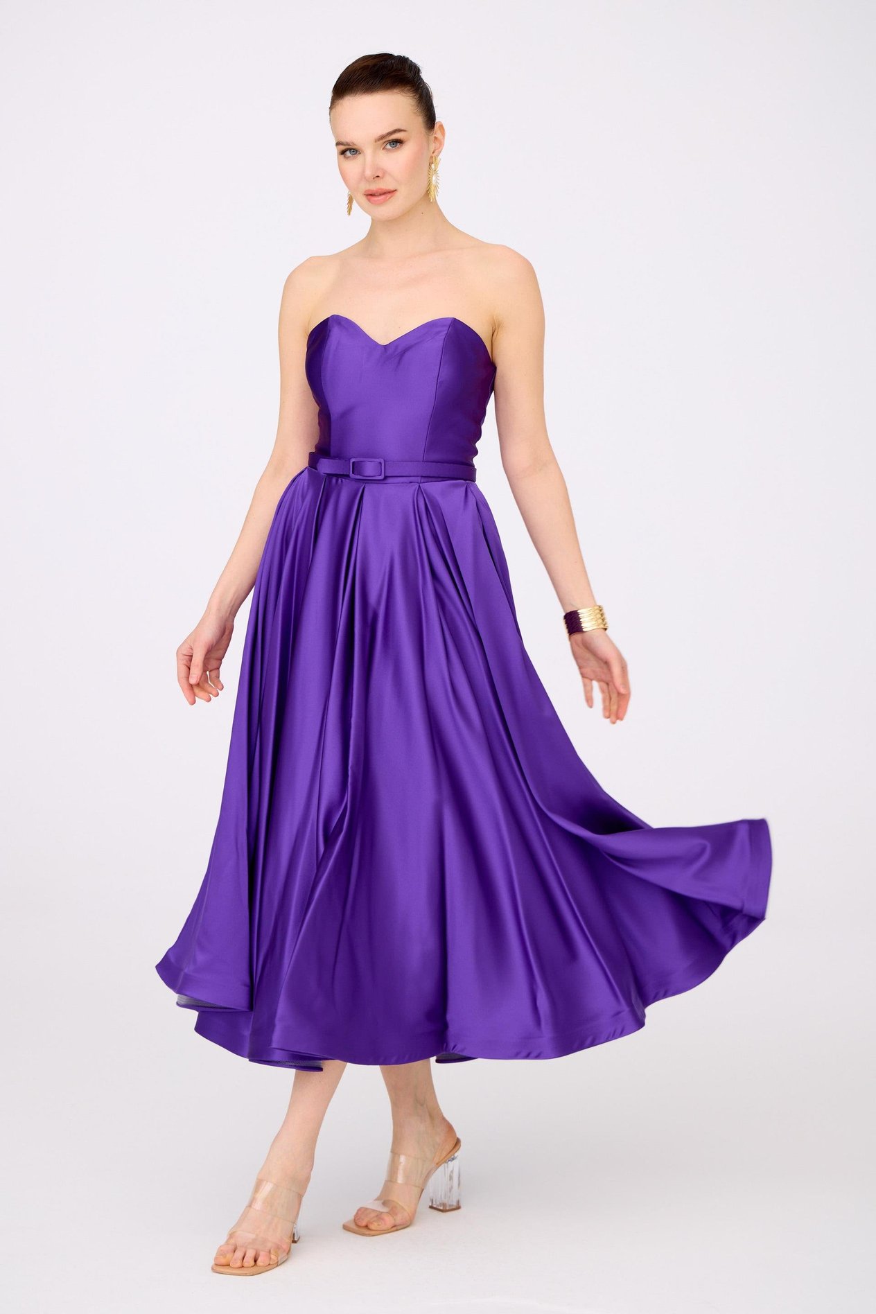 58134-19CARMENCarmen Mor Saten Straplez Midi Söz Elbisesi ve Nişan Elbisesi