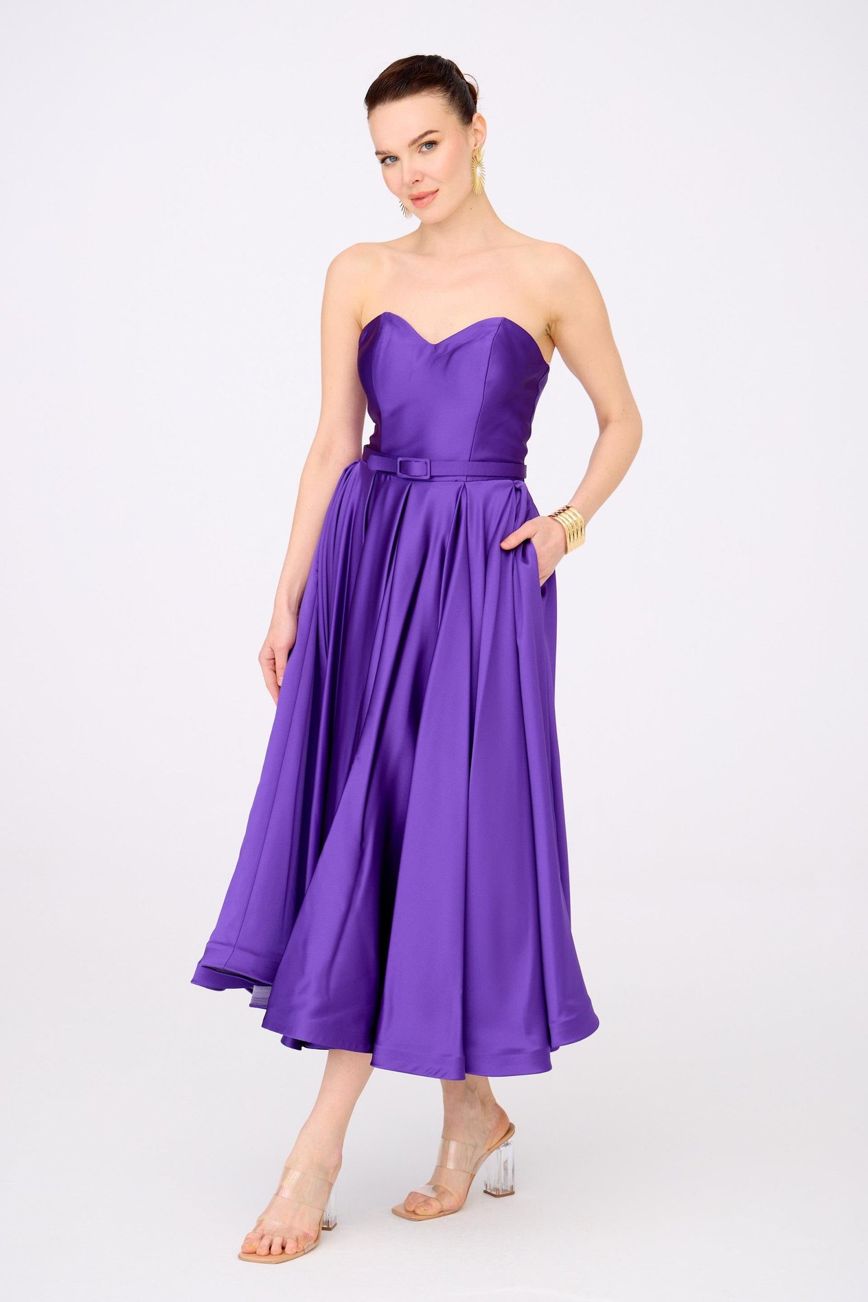 58134-19CARMENCarmen Mor Saten Straplez Midi Söz Elbisesi ve Nişan Elbisesi
