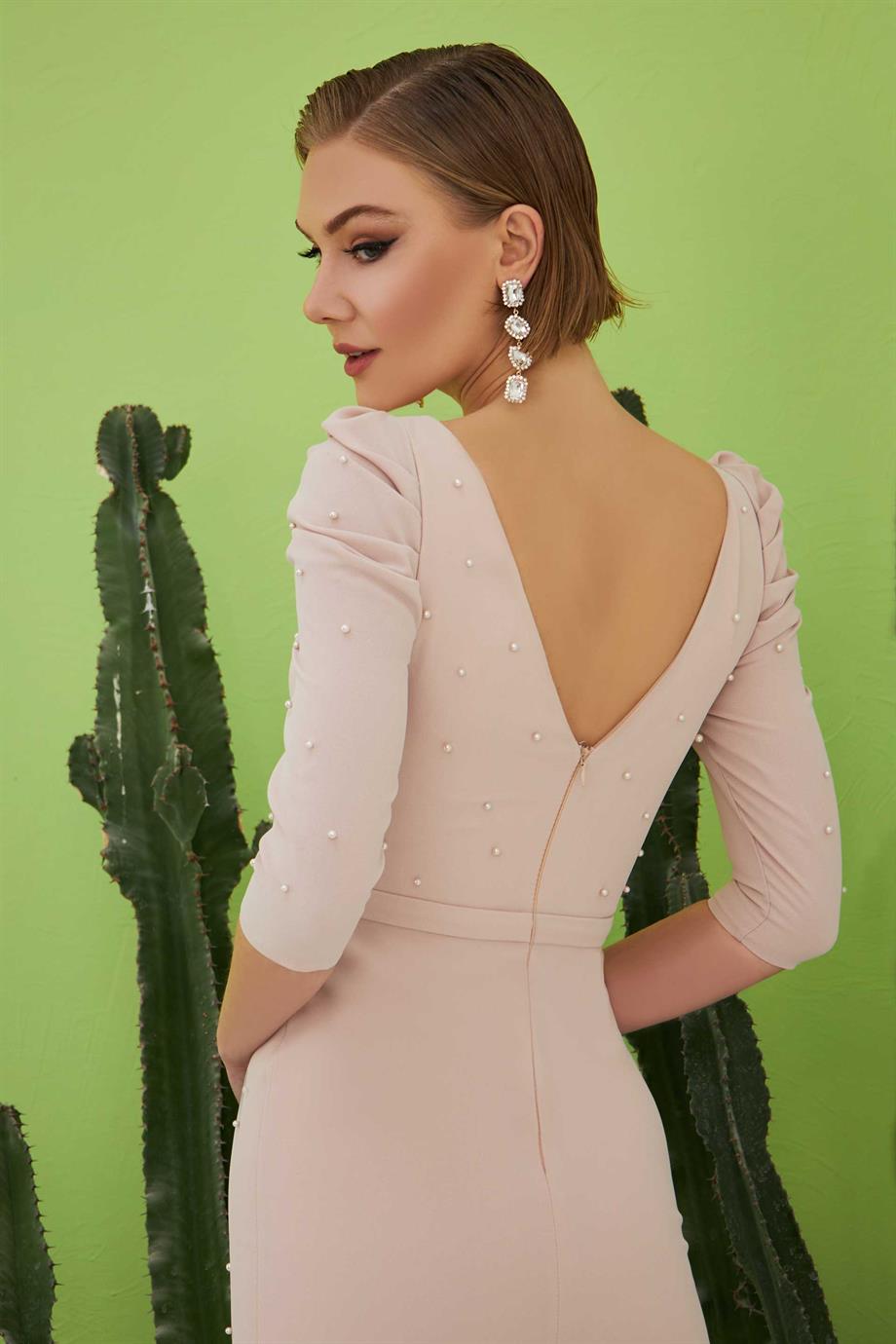 58154-23CARMENCarmen Pudra Krep İnci İşlemeli Midi Abiye Elbise