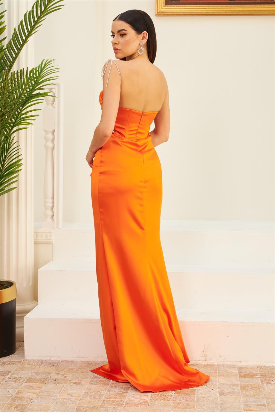 58166-106CARMENCarmen Orange Saten Bağlamalı Uzun Abiye Elbise ve Davet Elbisesi