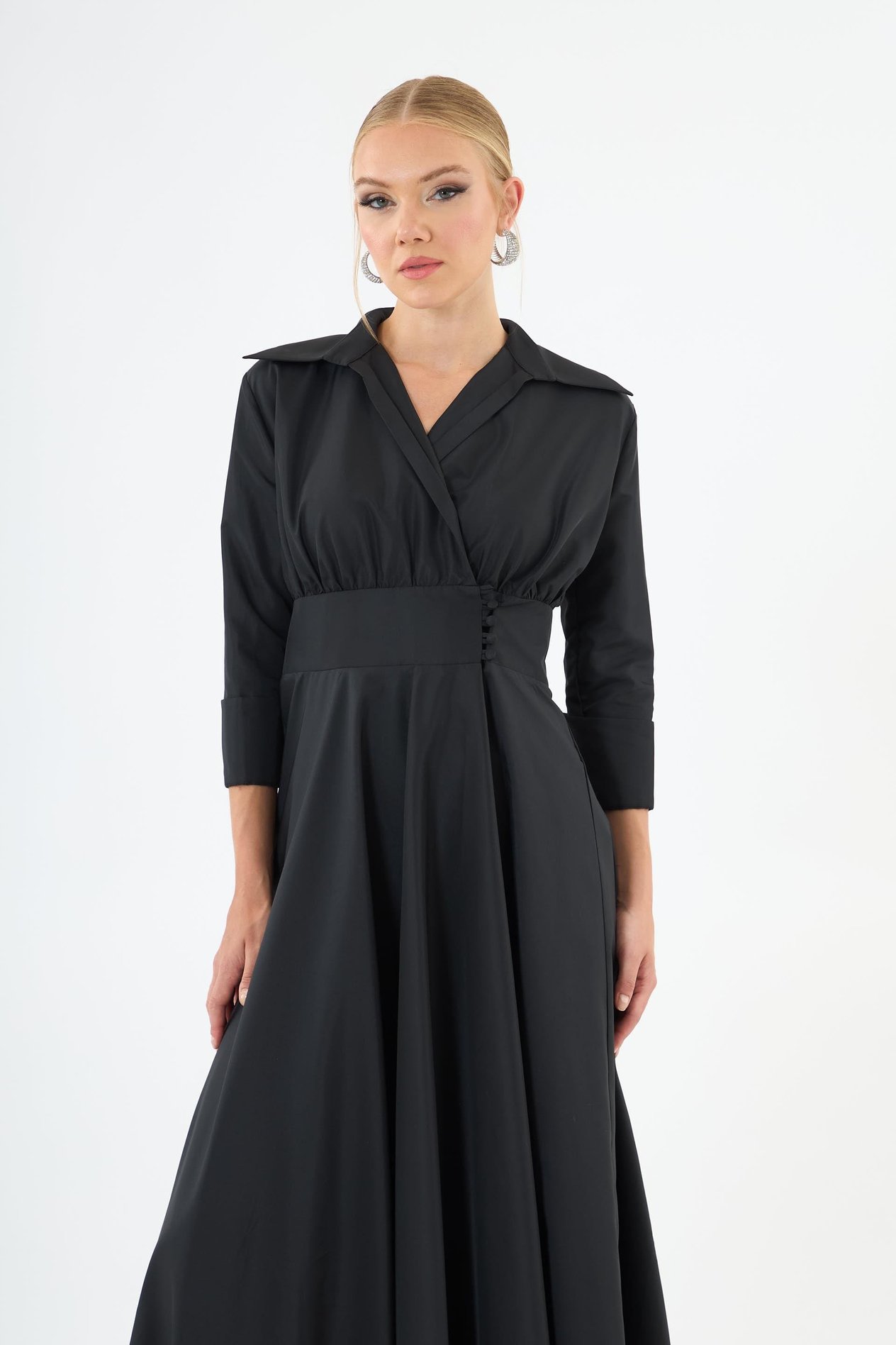 58390-27CARMENCarmen Siyah Uzun Kollu Tafta Abiye Elbise