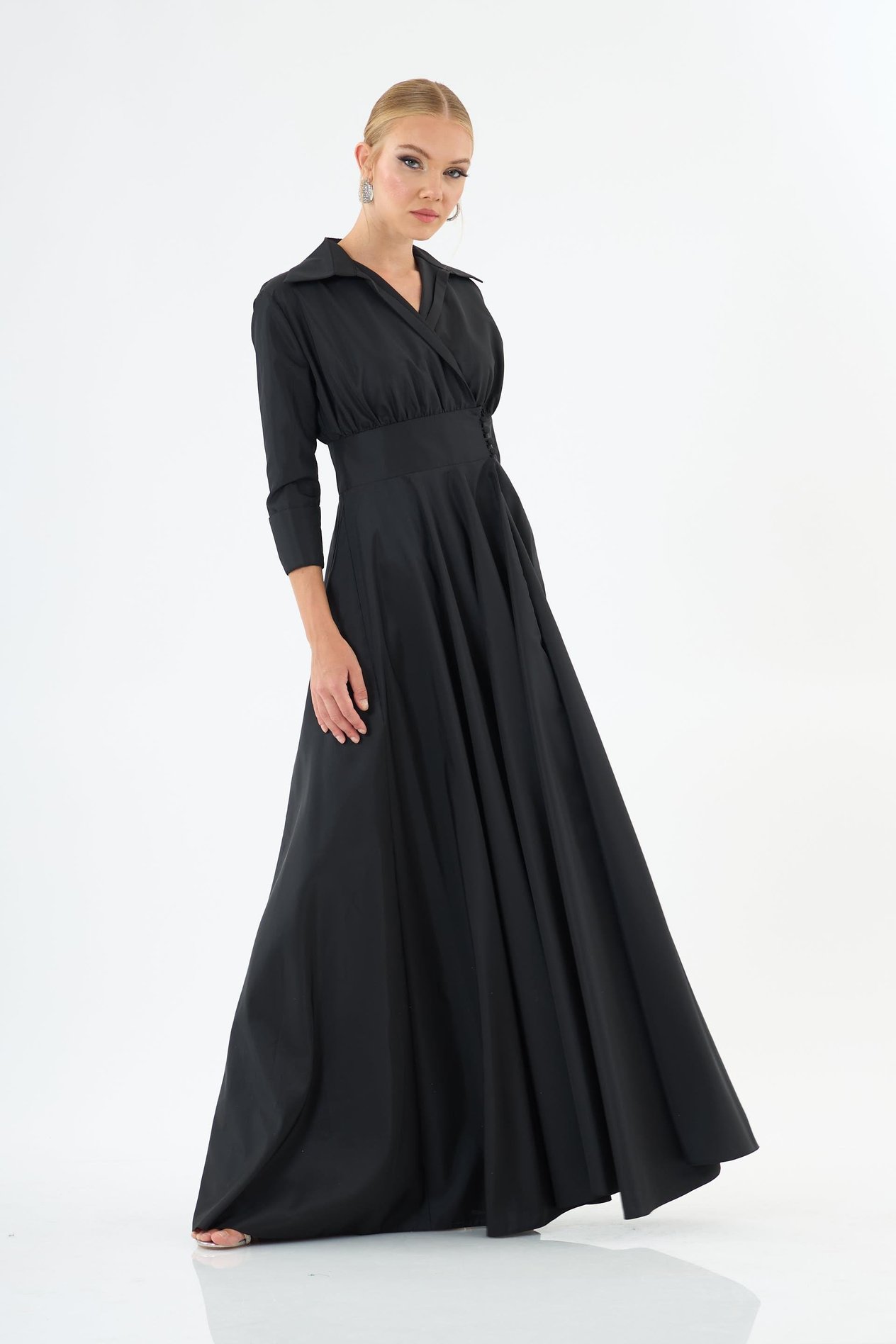 58390-27CARMENCarmen Siyah Uzun Kollu Tafta Abiye Elbise