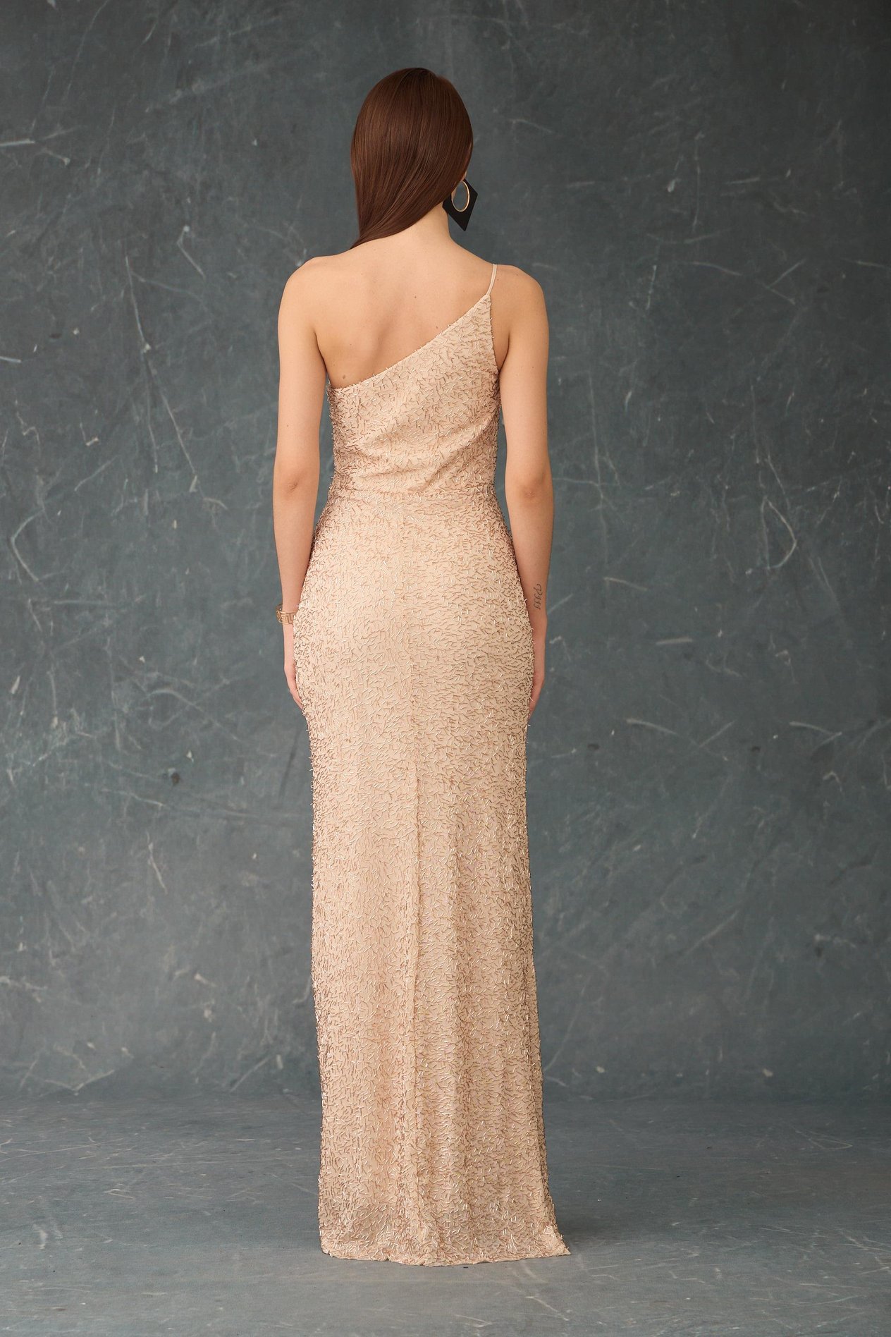 58504-9CARMENCarmen Gold Tek Omuz Payetli Abiye Elbise