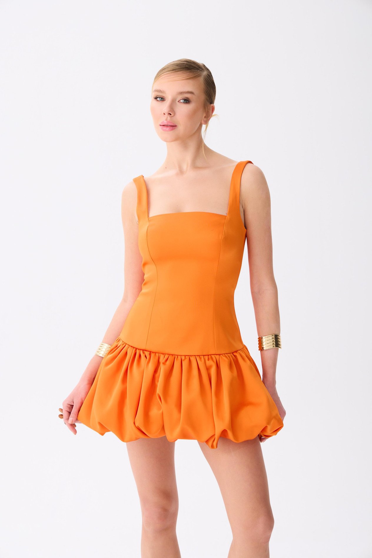 58514-31CARMENCarmen Turuncu Balon Etek Saten Abiye Elbise