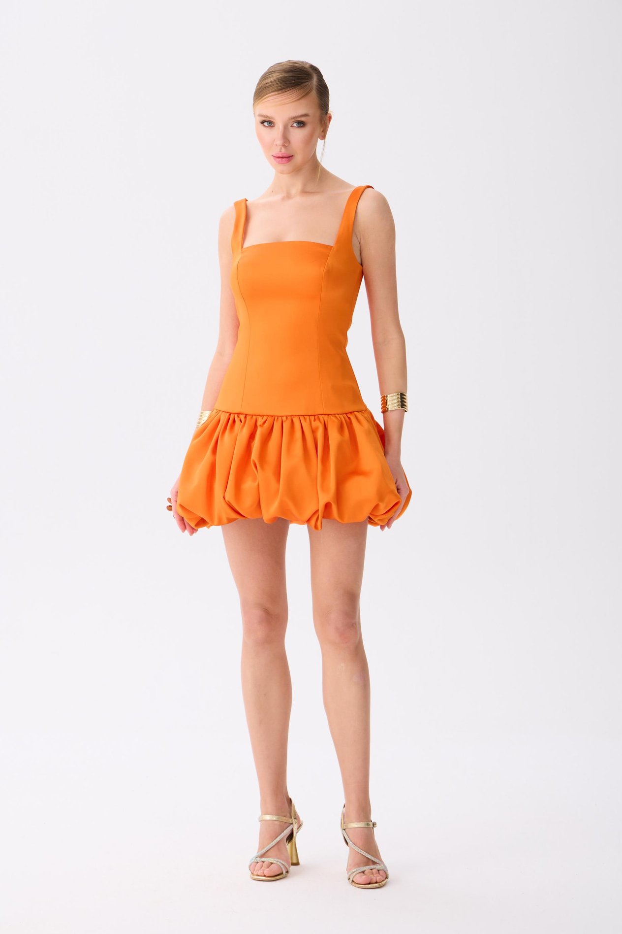 58514-31CARMENCarmen Turuncu Balon Etek Saten Abiye Elbise