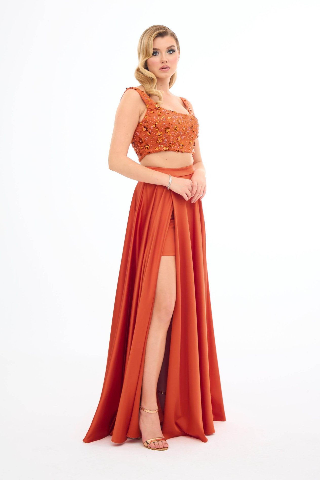 70146-106CARMENCarmen Orange Taşlı Büstiyer Etek Saten Takım Abiye