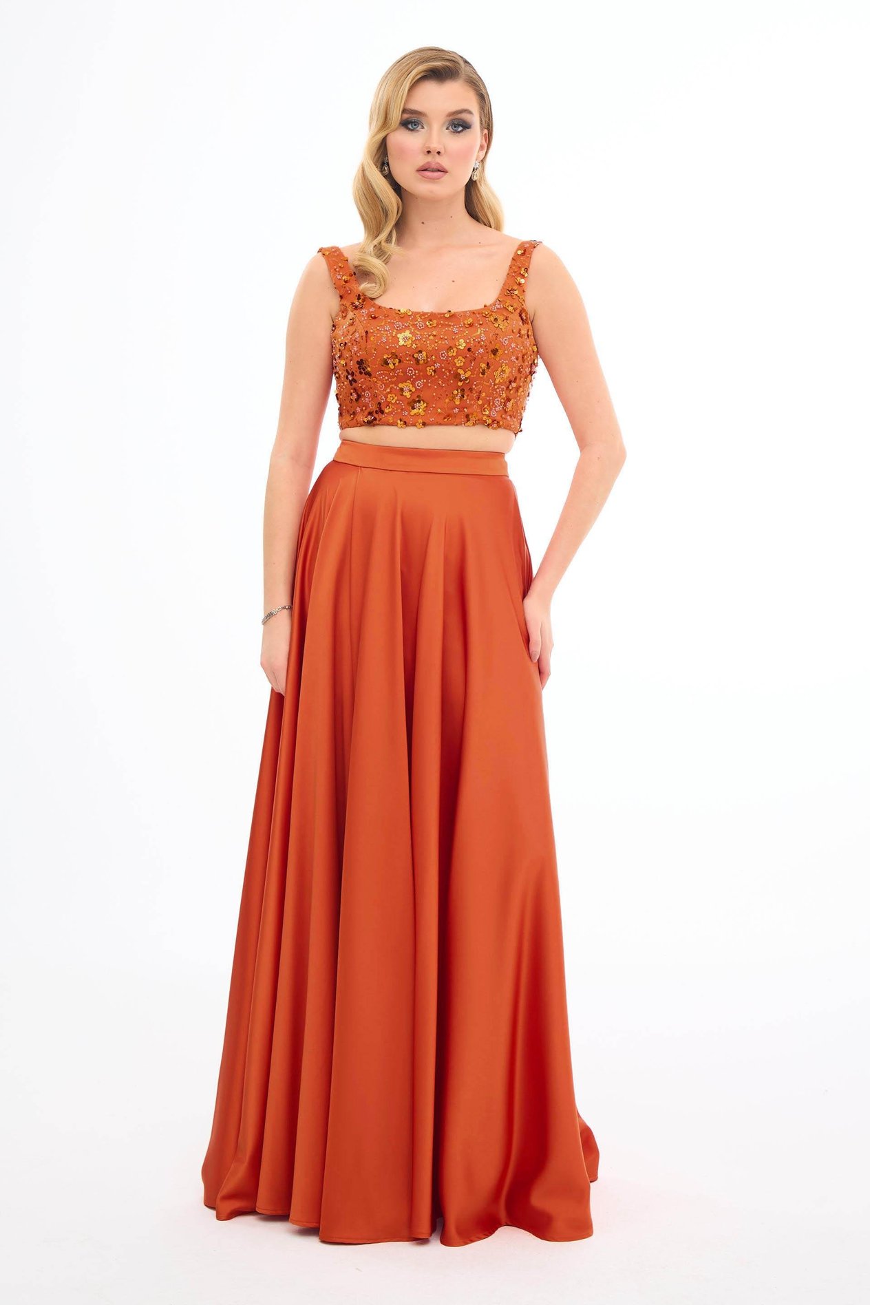 70146-106CARMENCarmen Orange Taşlı Büstiyer Etek Saten Takım Abiye