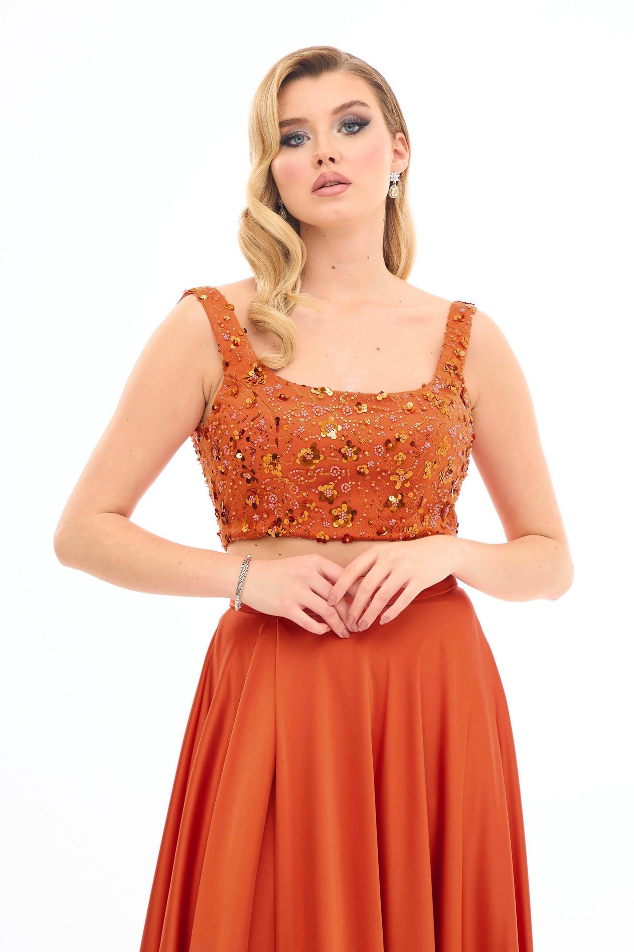 70146-106CARMENCarmen Orange Taşlı Büstiyer Etek Saten Takım Abiye