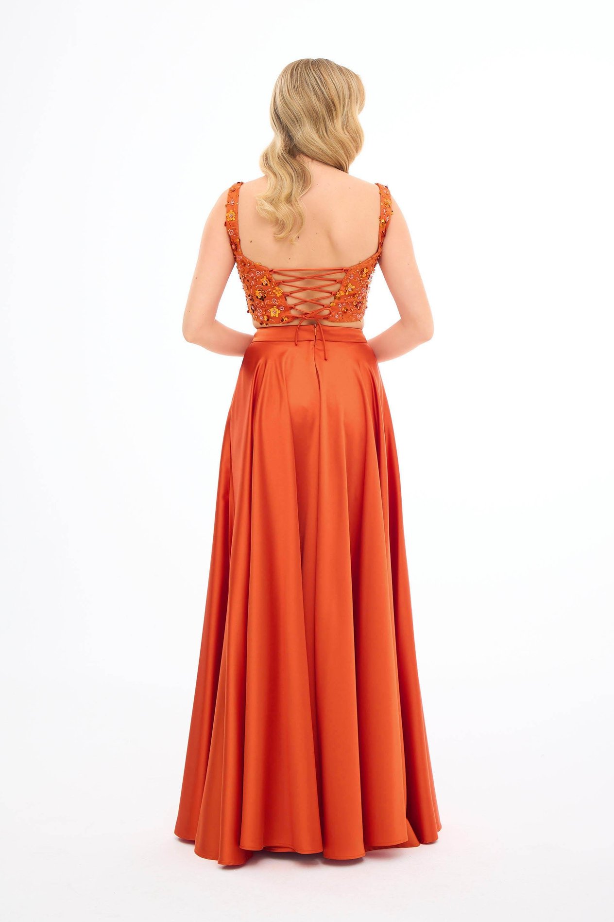 70146-106CARMENCarmen Orange Taşlı Büstiyer Etek Saten Takım Abiye