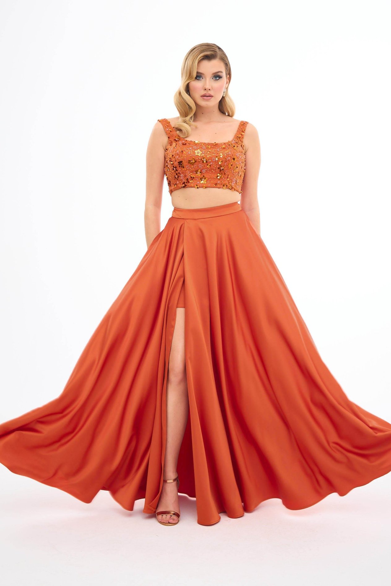 70146-106CARMENCarmen Orange Taşlı Büstiyer Etek Saten Takım Abiye