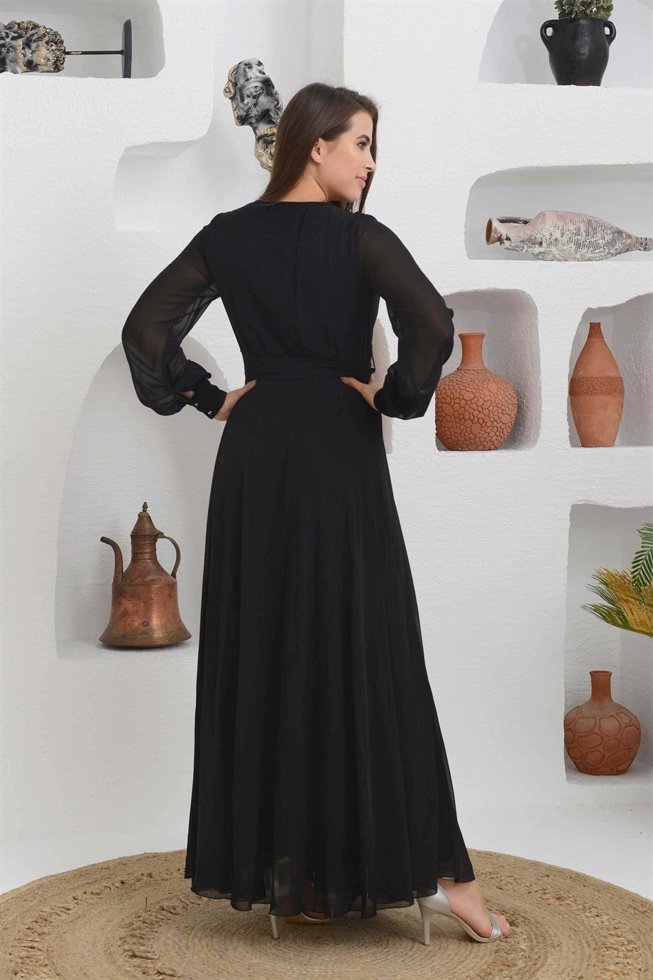 S56949-27CARMENCarmen Siyah Şifon Kruvaze Uzun Abiye Elbise