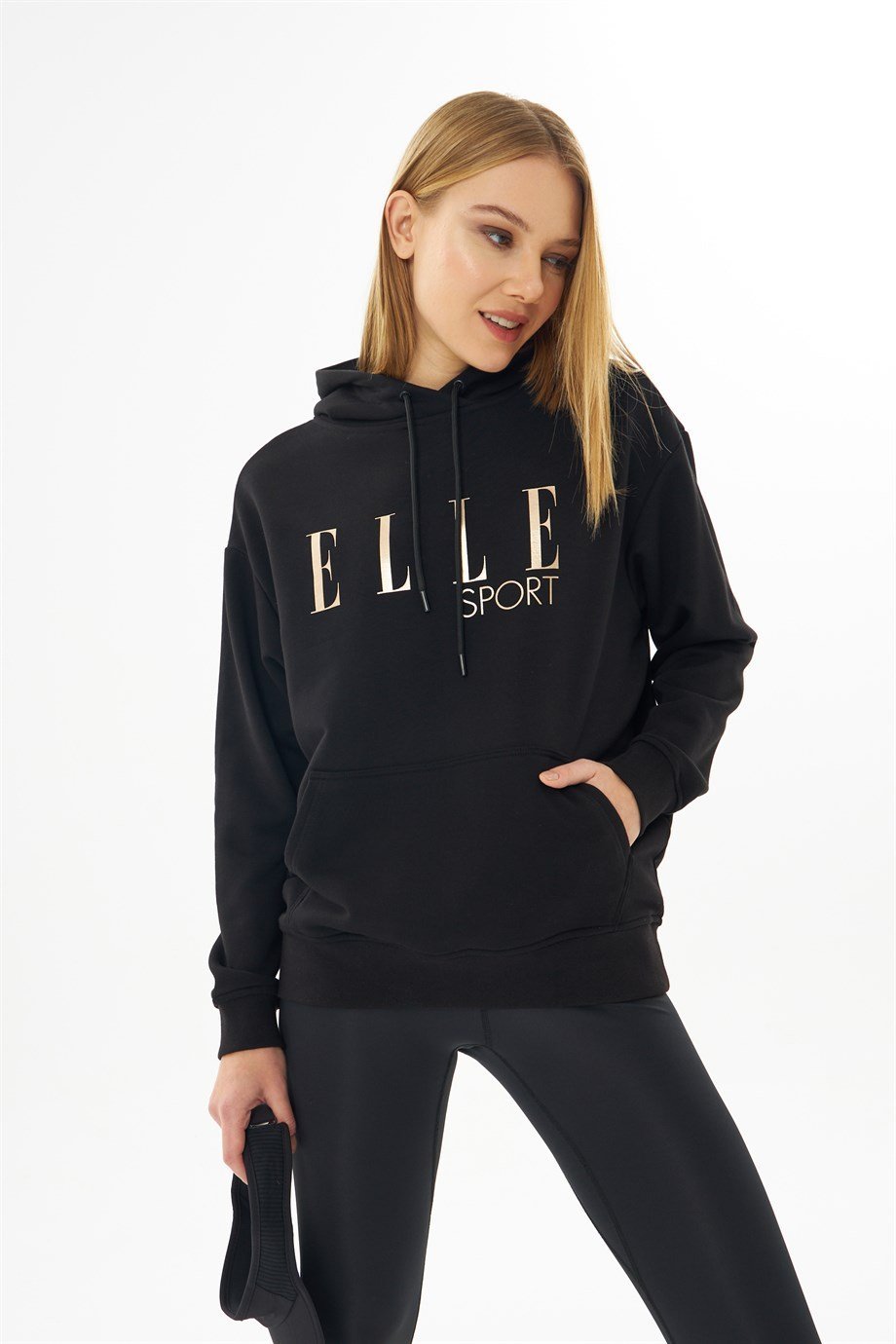 60000-20ELLEELLE Sport Siyah Yaldızlı Cepli Kadın Kapüşonlu Sweatshirt