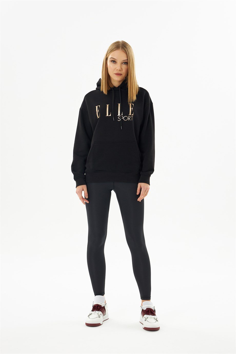 60000-20ELLEELLE Sport Siyah Yaldızlı Cepli Kadın Kapüşonlu Sweatshirt