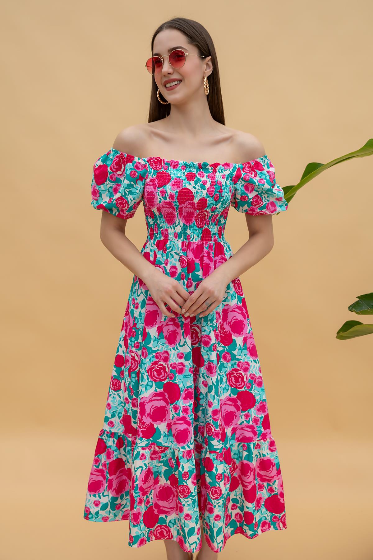 Çiçek Desenli Midi Elbise - FUŞYA
