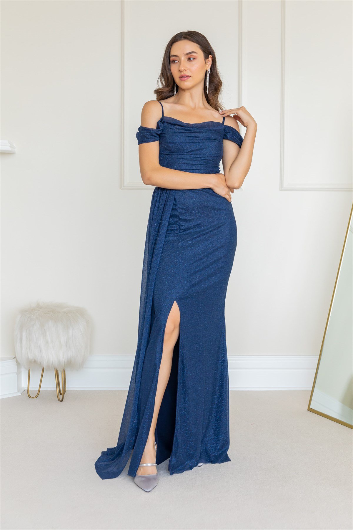 Göğüs Drape Simli Abiye - LACİVERT