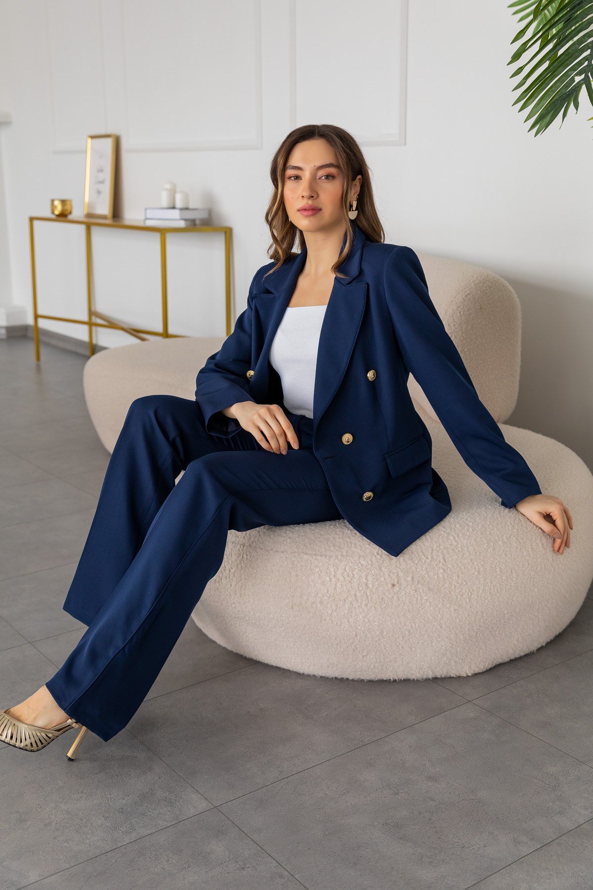Gold Düğmeli Blazer Takım - LACİVERT
