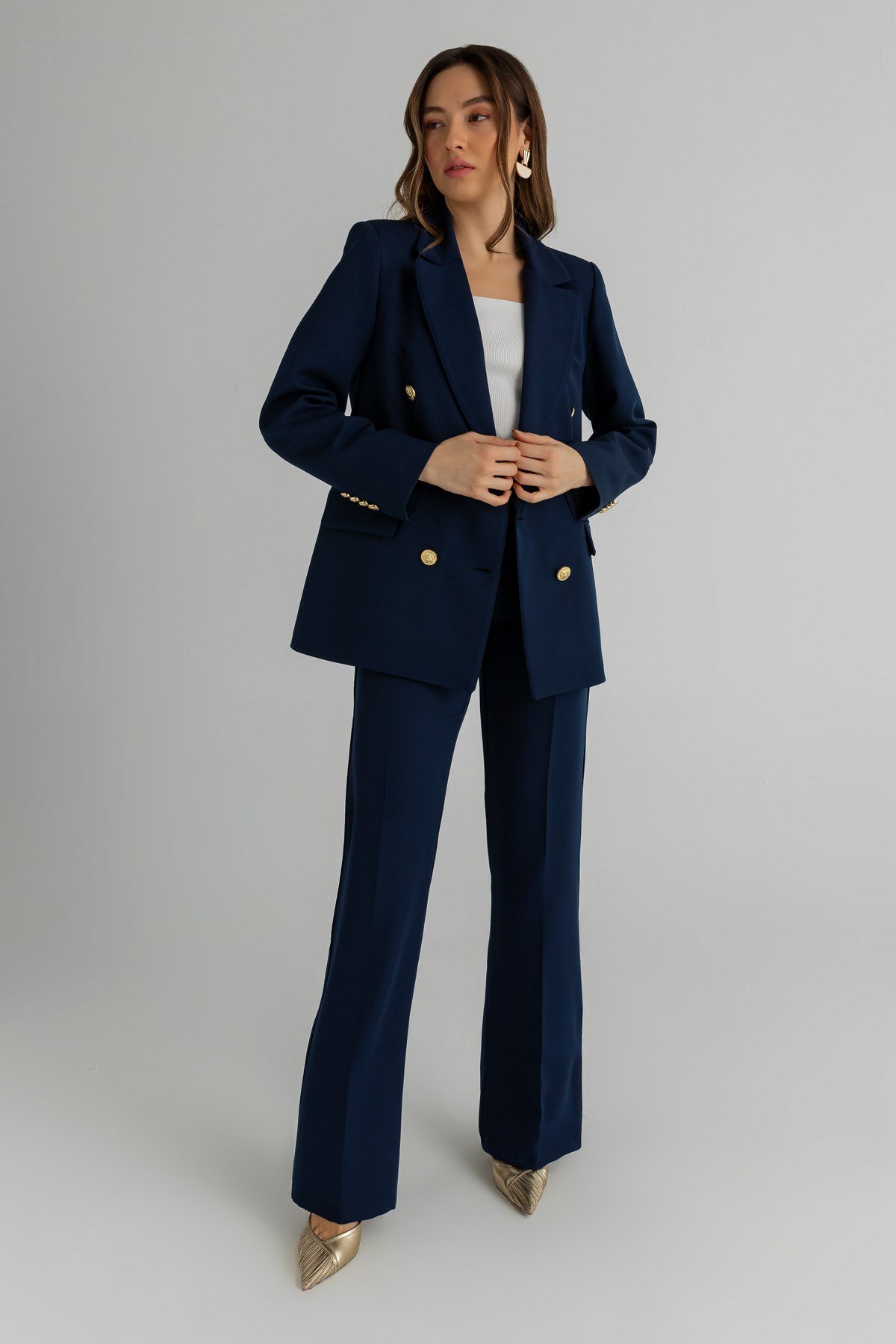 Gold Düğmeli Blazer Takım - LACİVERT