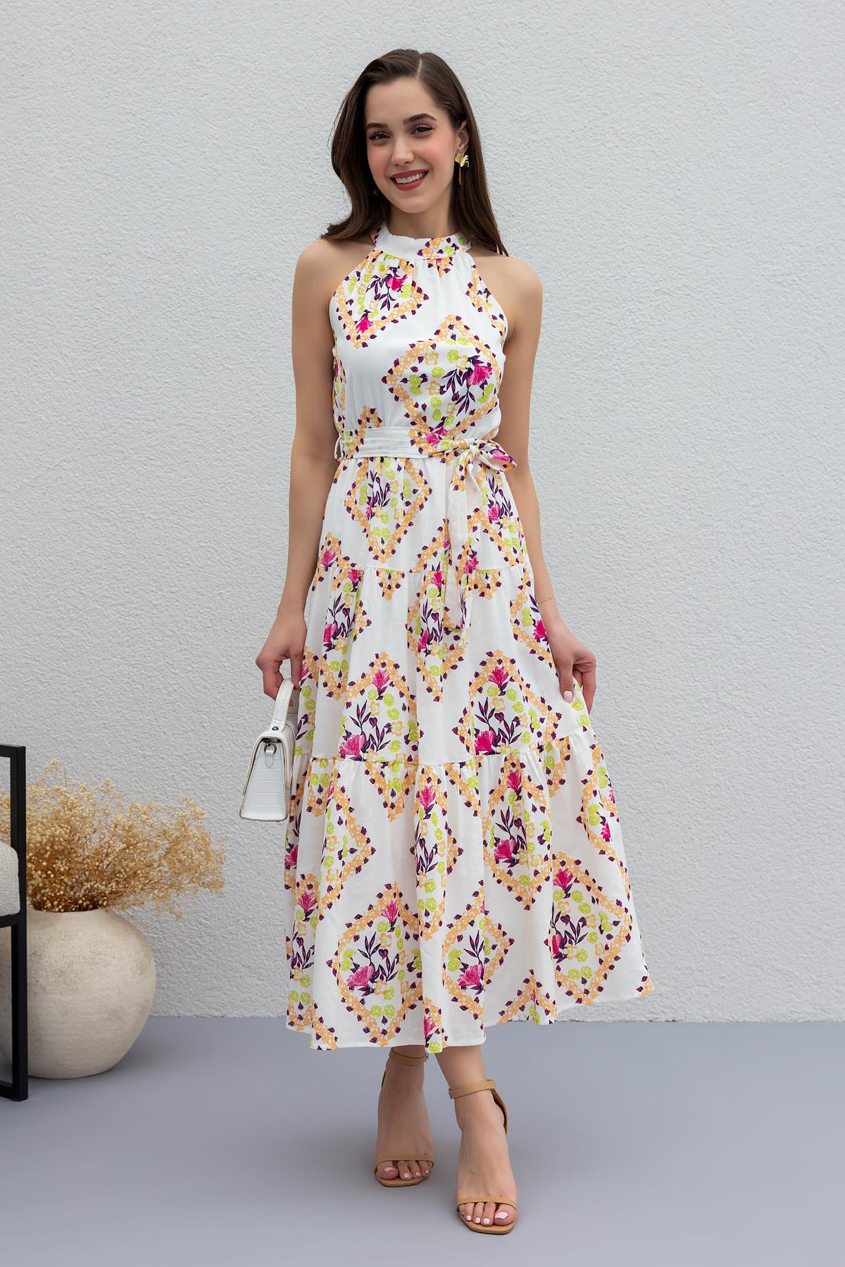 Halter Yaka Desenli Elbise - PEMBE