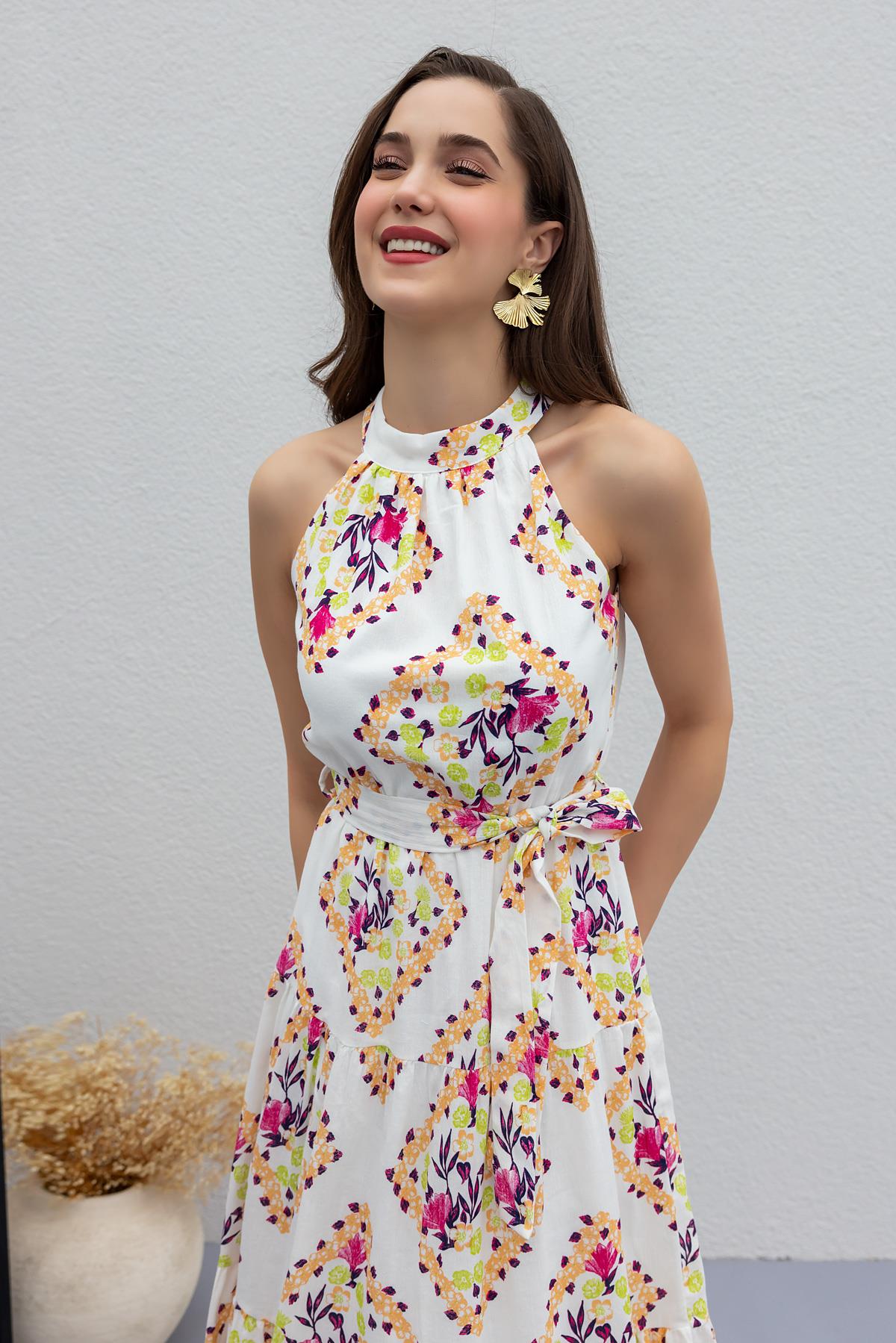 Halter Yaka Desenli Elbise - PEMBE