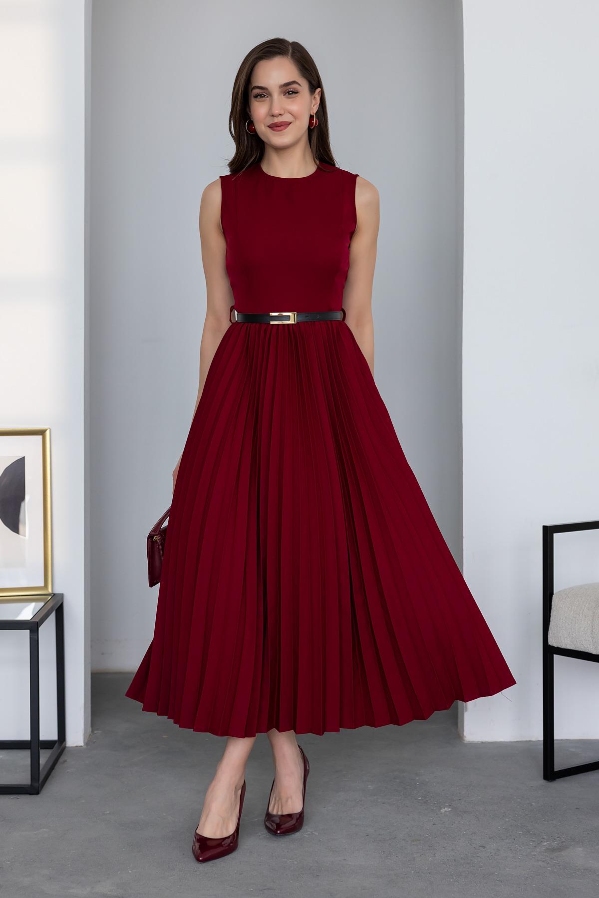 Kemerli Piliseli Elbise - BORDO