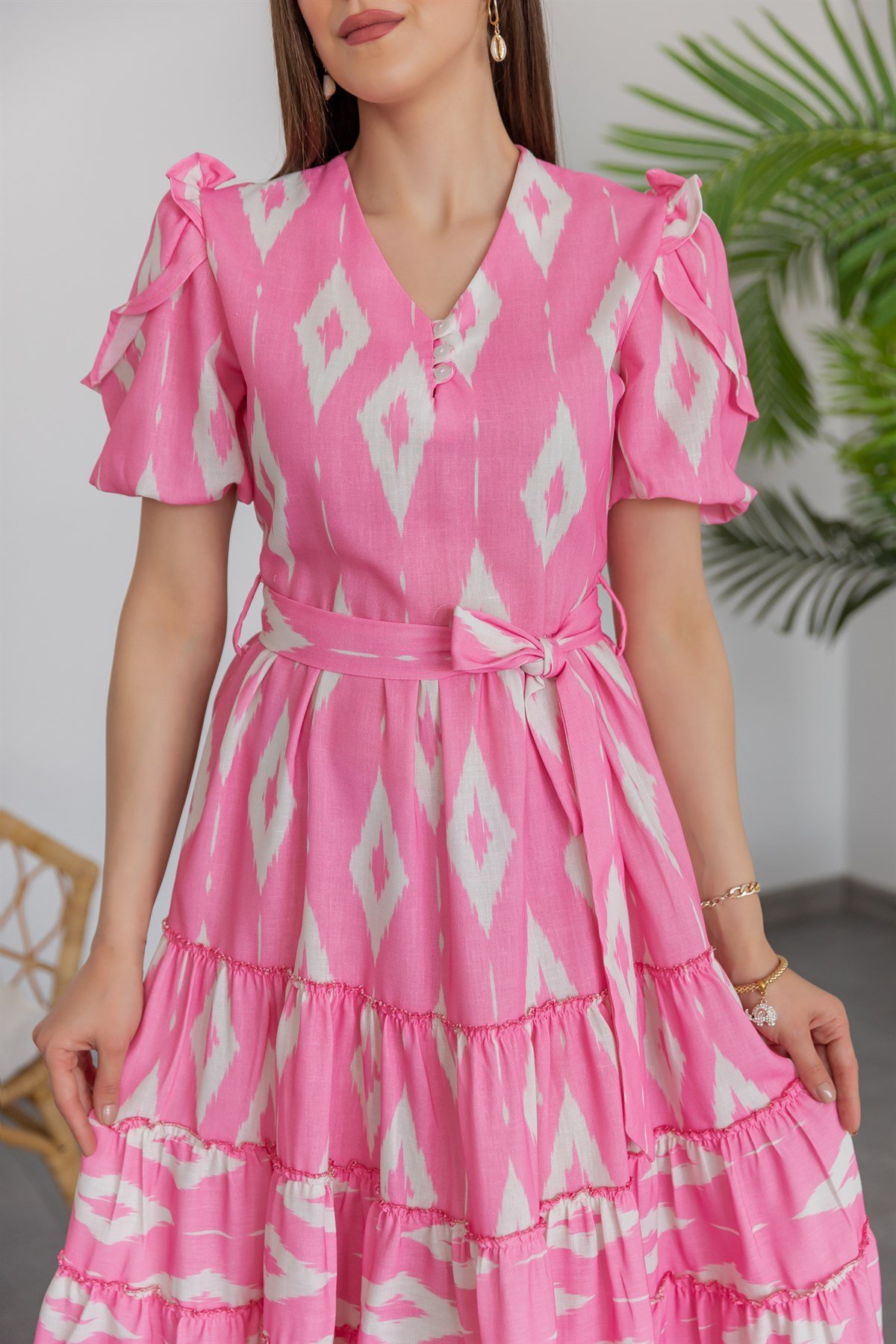 Keten Desenli Elbise - PEMBE