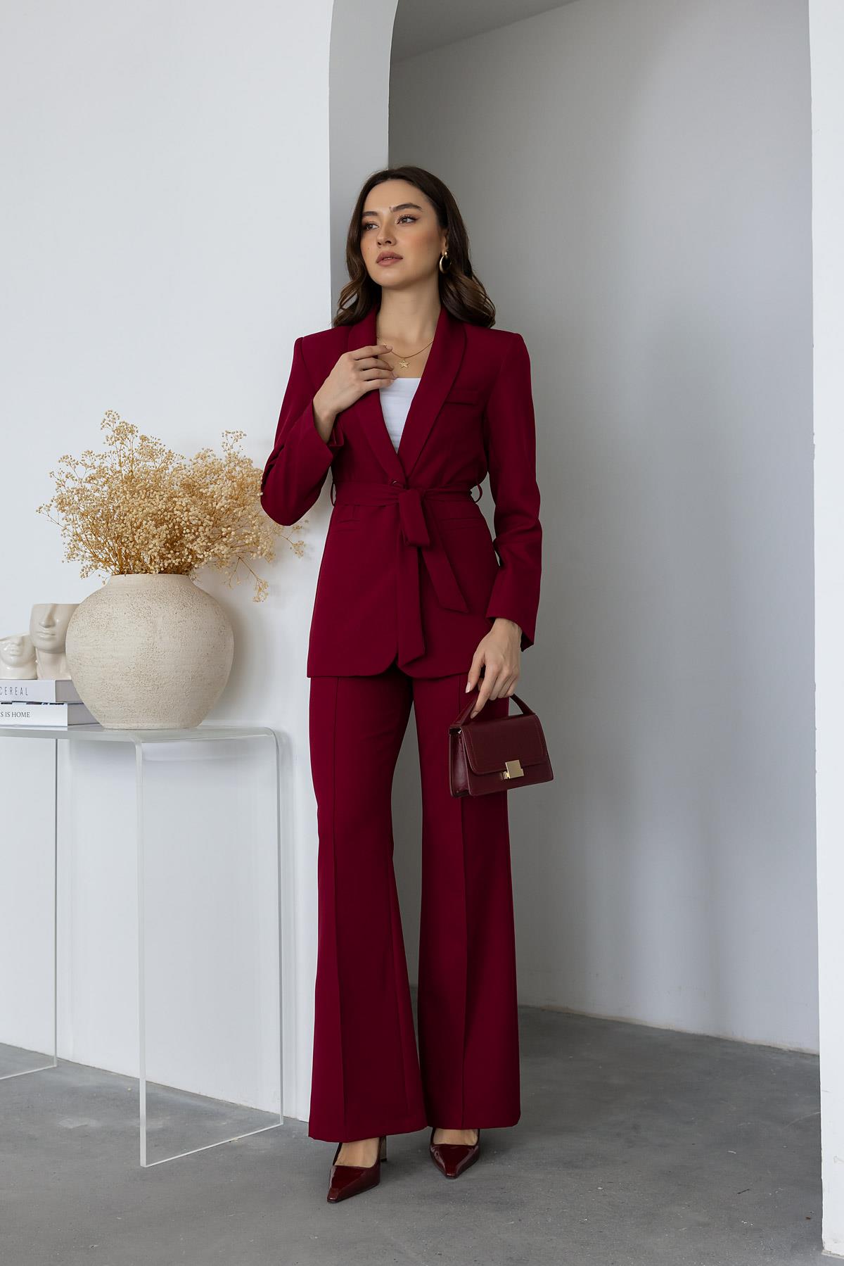 Kuşaklı Ceket Takım - BORDO