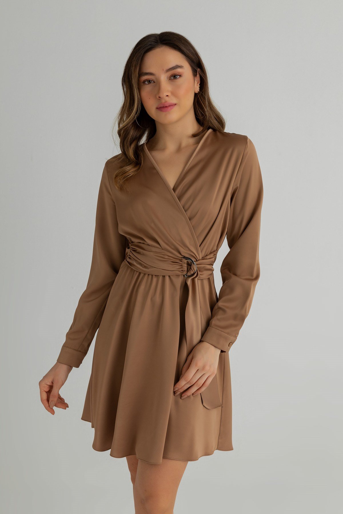 Kuşaklı Saten Mini Elbise - CAMEL