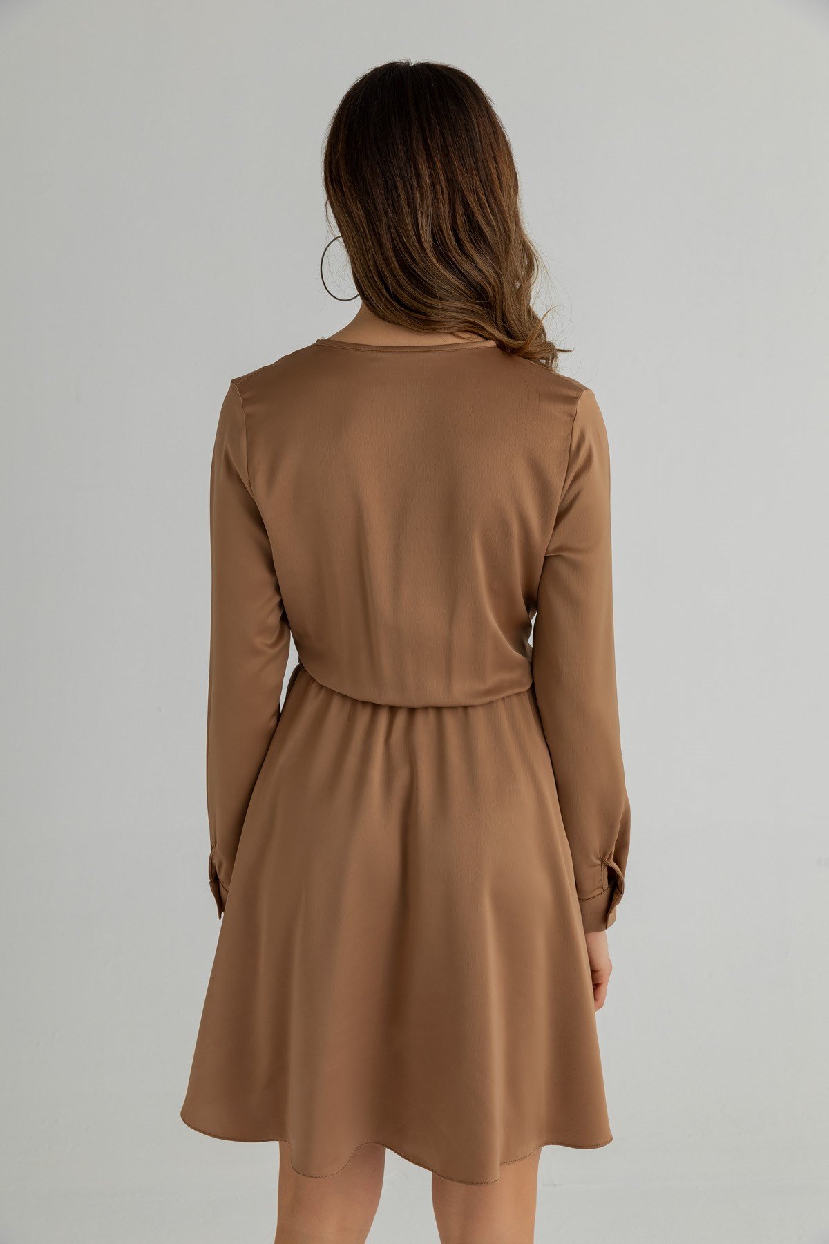 Kuşaklı Saten Mini Elbise - CAMEL
