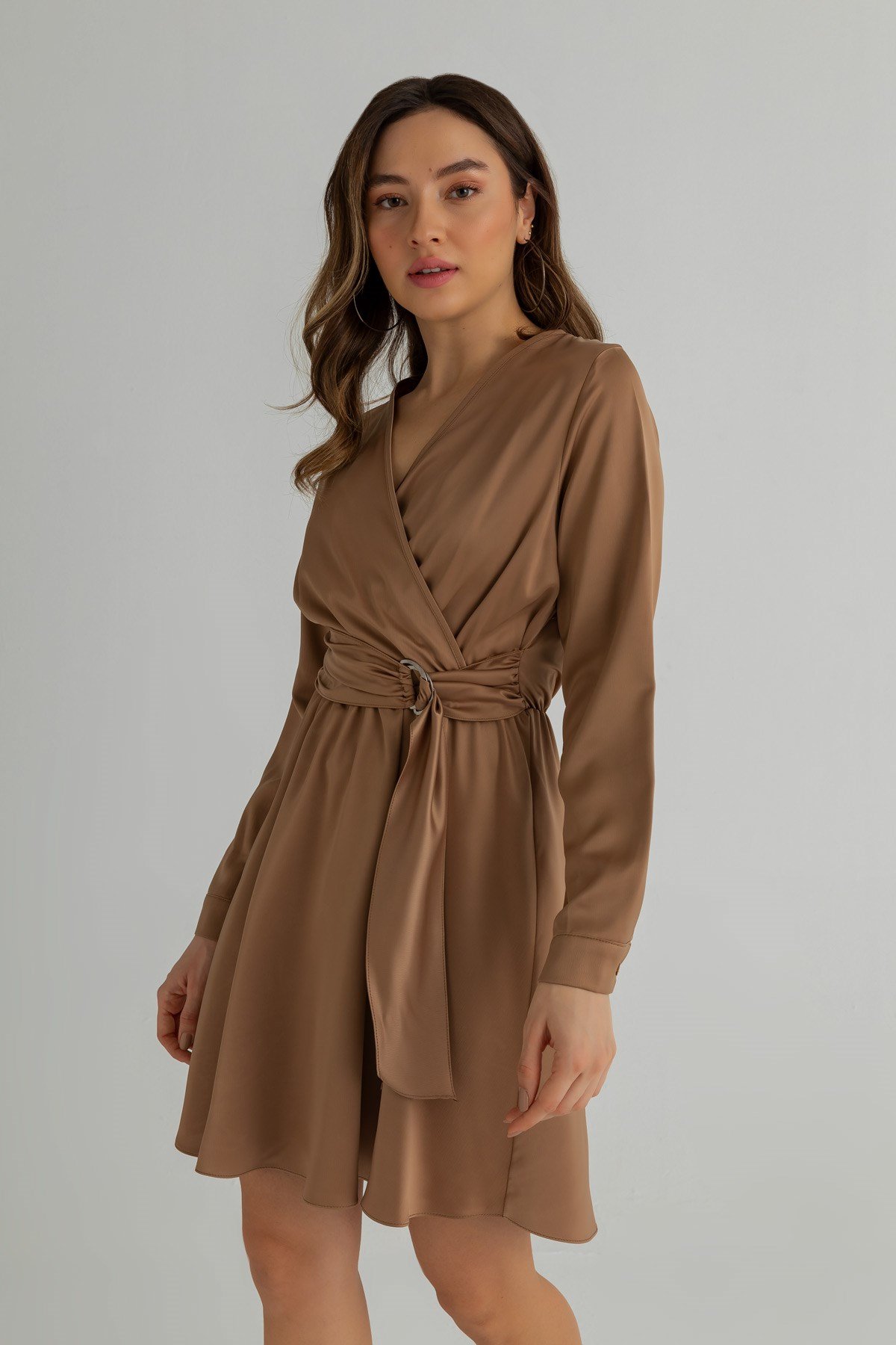 Kuşaklı Saten Mini Elbise - CAMEL