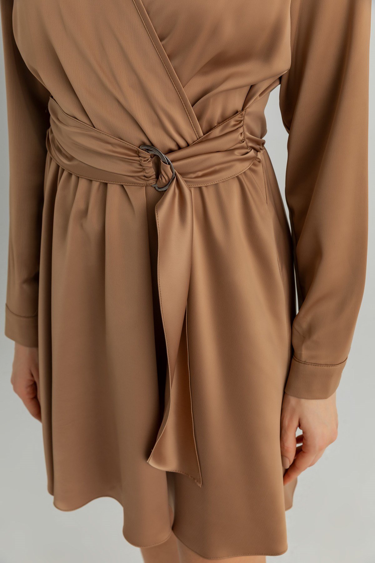 Kuşaklı Saten Mini Elbise - CAMEL