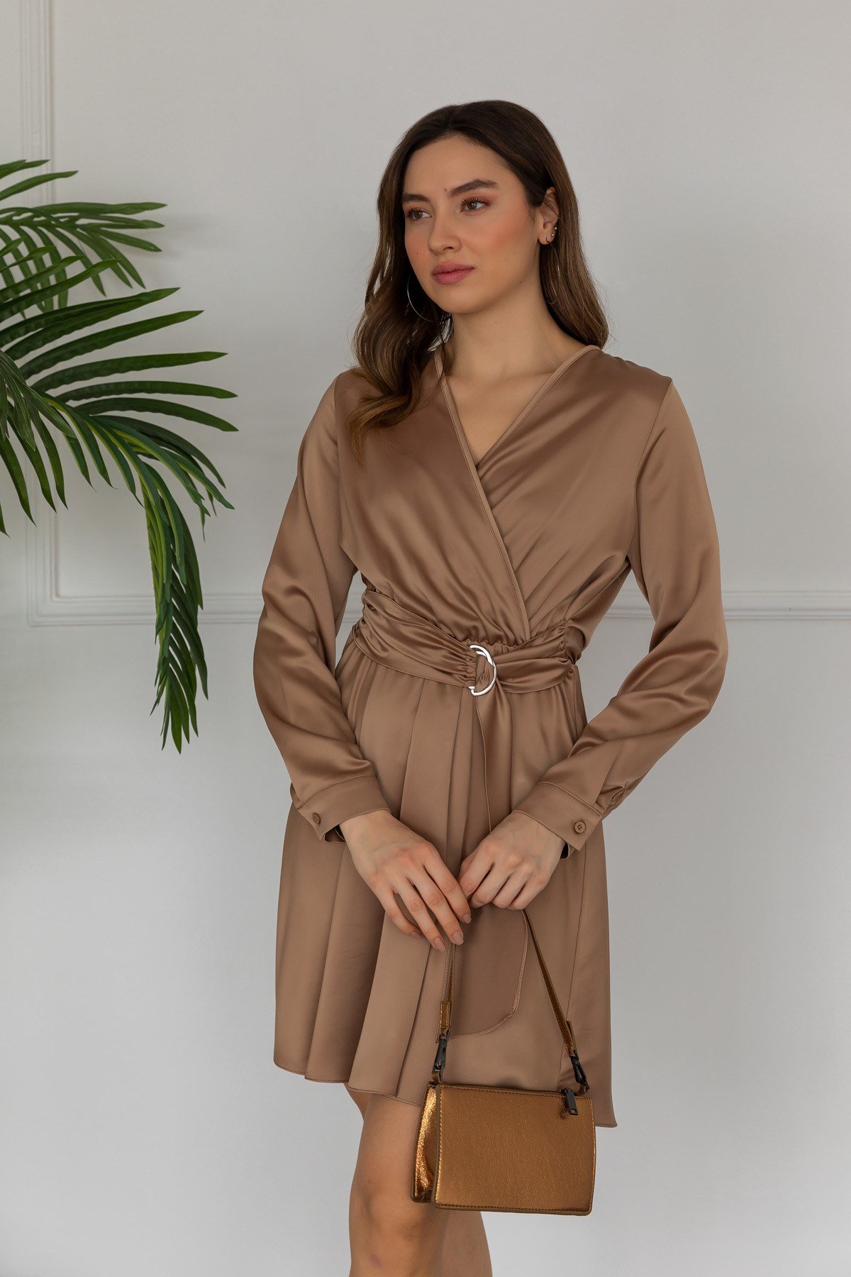 Kuşaklı Saten Mini Elbise - CAMEL