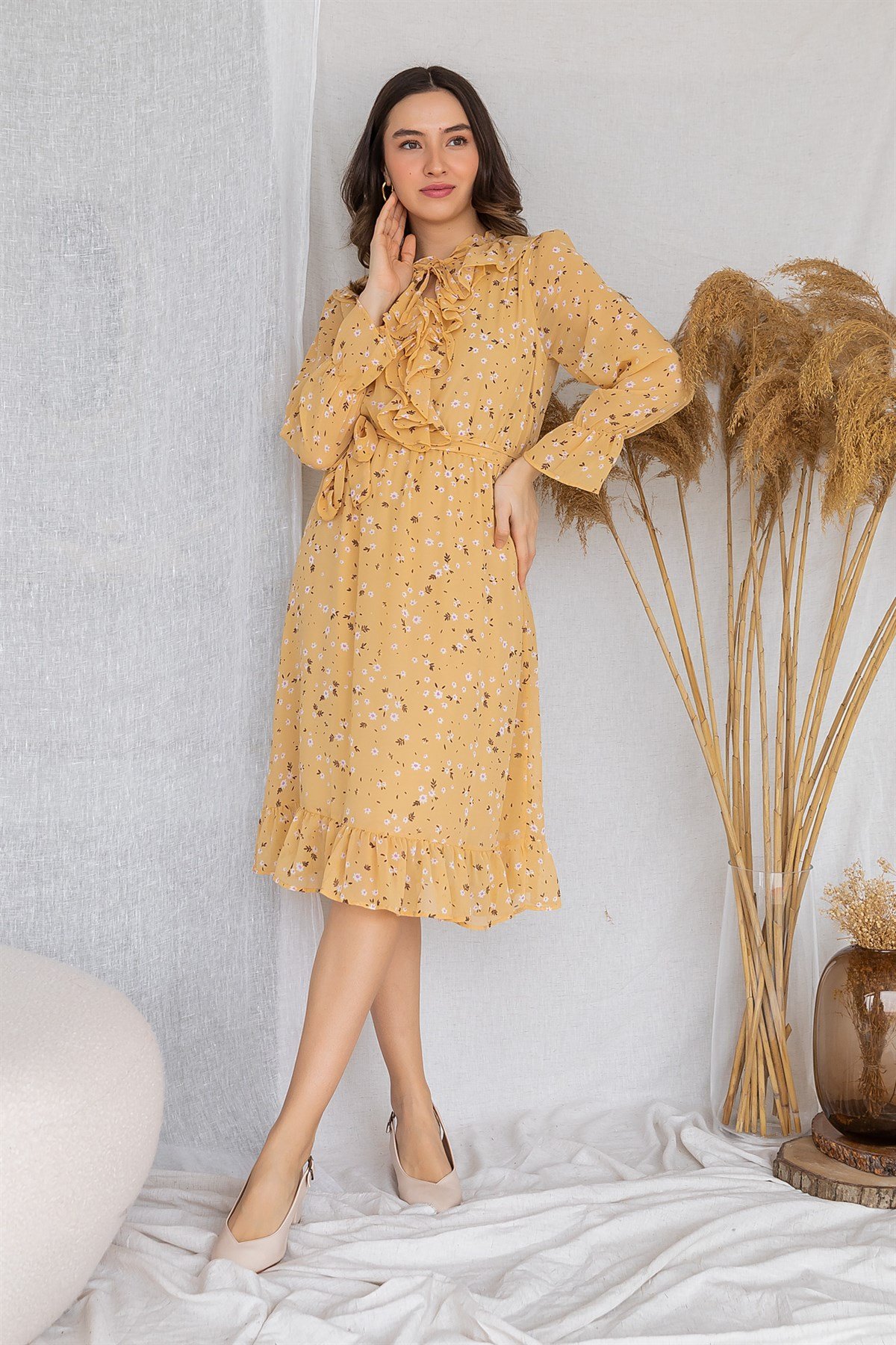 Mini Çiçekli Şifon Elbise - SARI