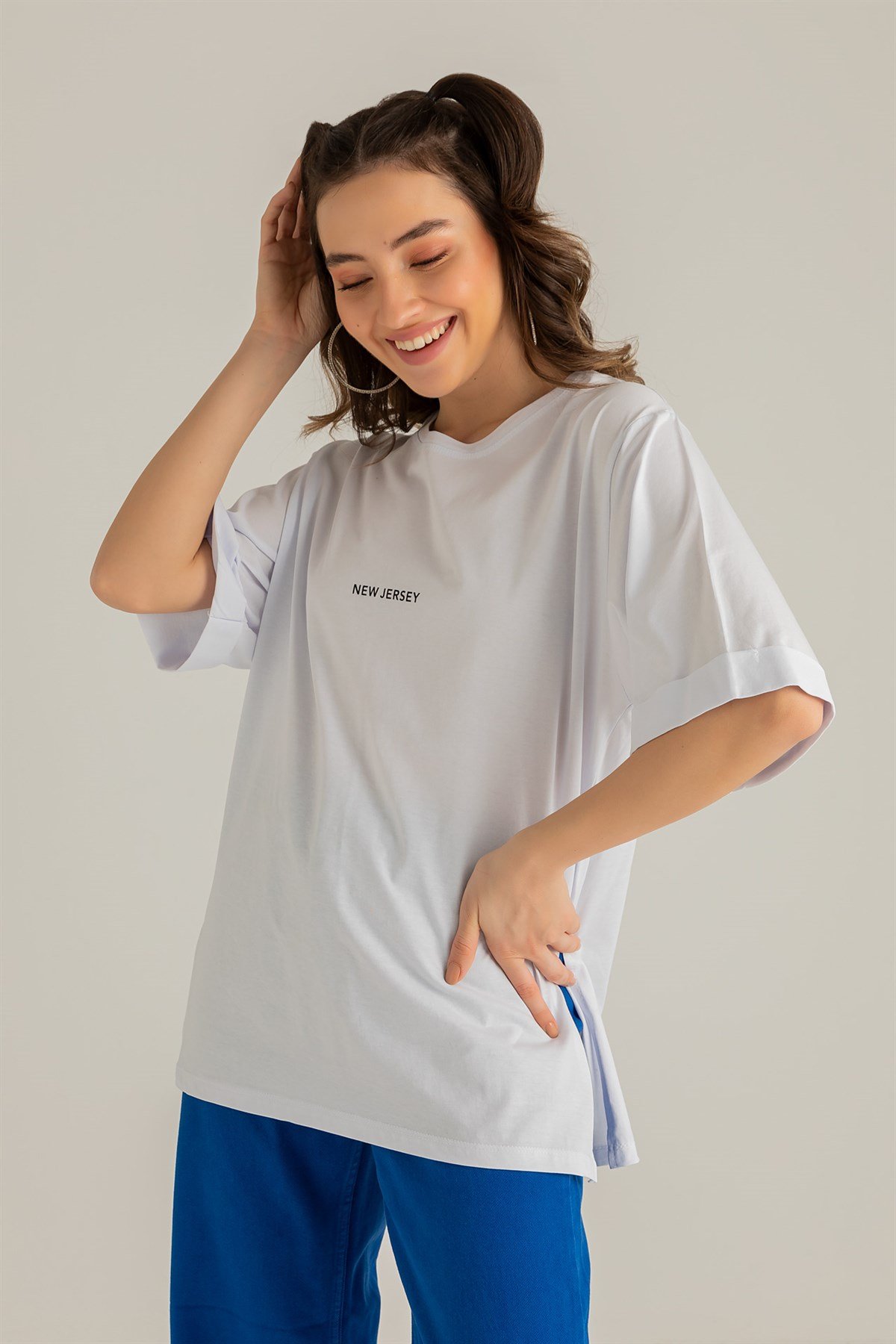 New Jersey Yazılı T-shirt - BEYAZ