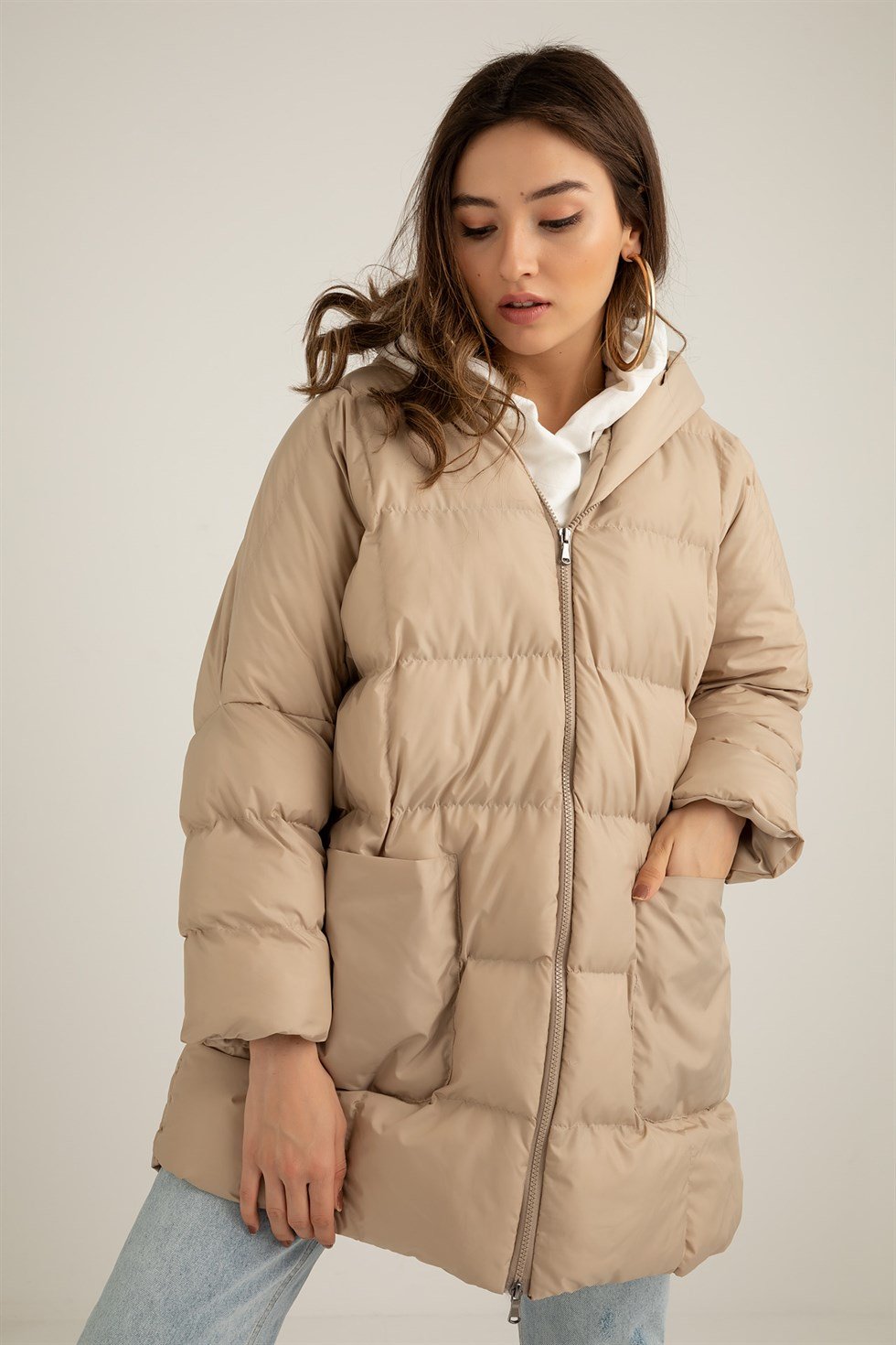 Oversize Şişme Mont - BEJ