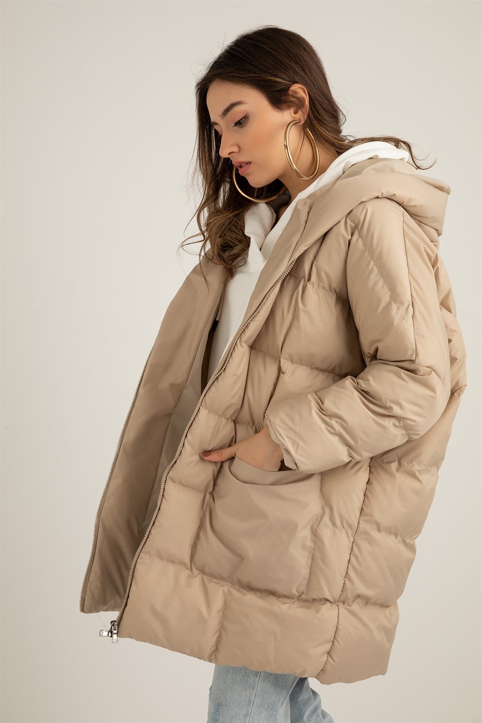 Oversize Şişme Mont - BEJ