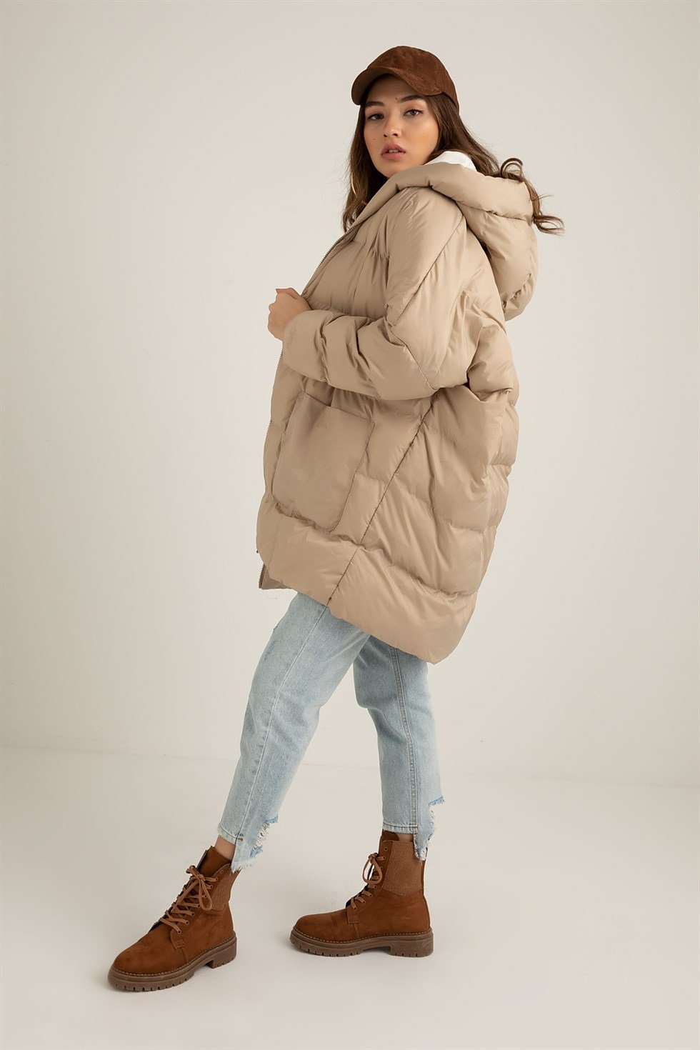 Oversize Şişme Mont - BEJ