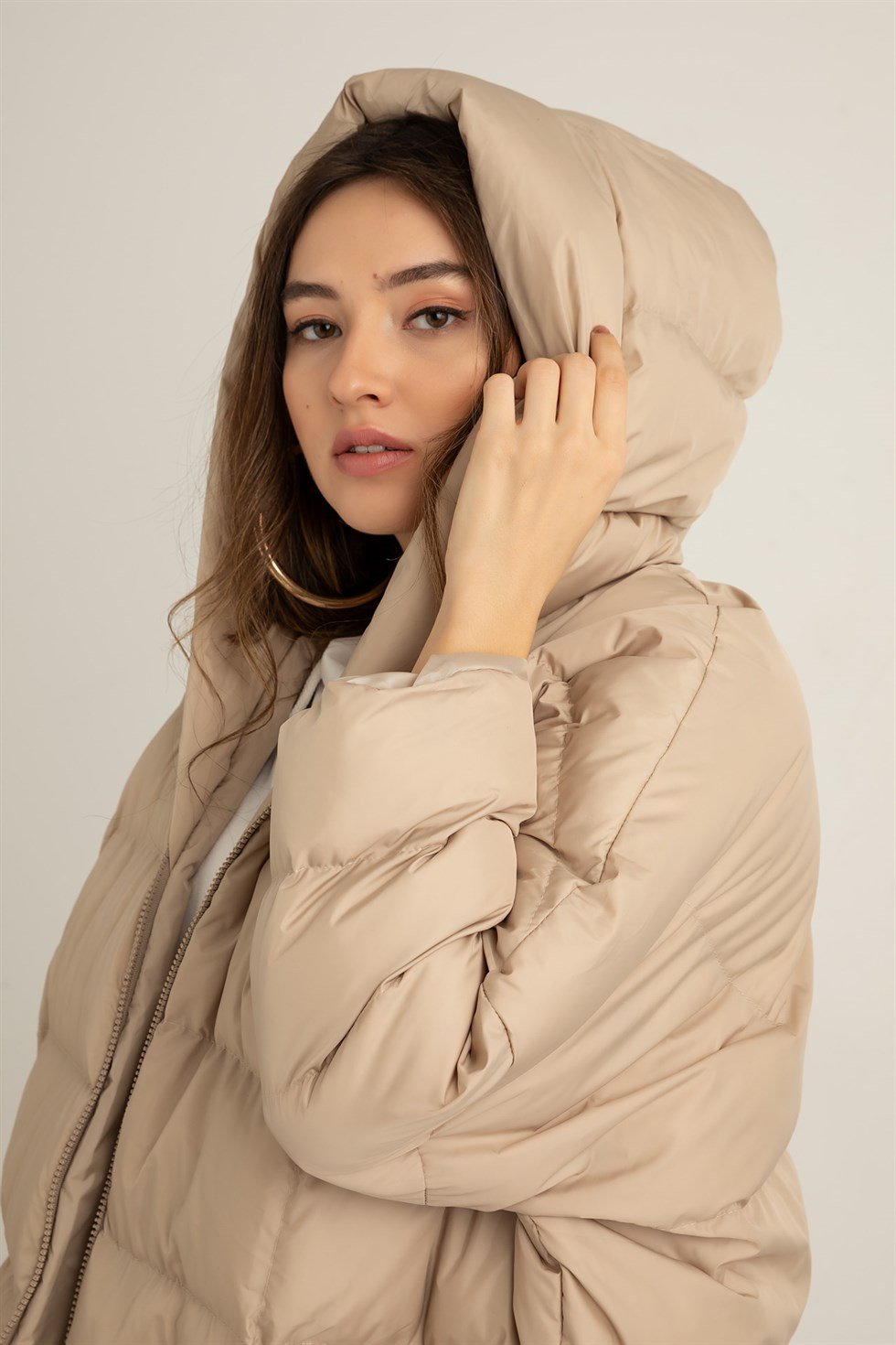 Oversize Şişme Mont - BEJ