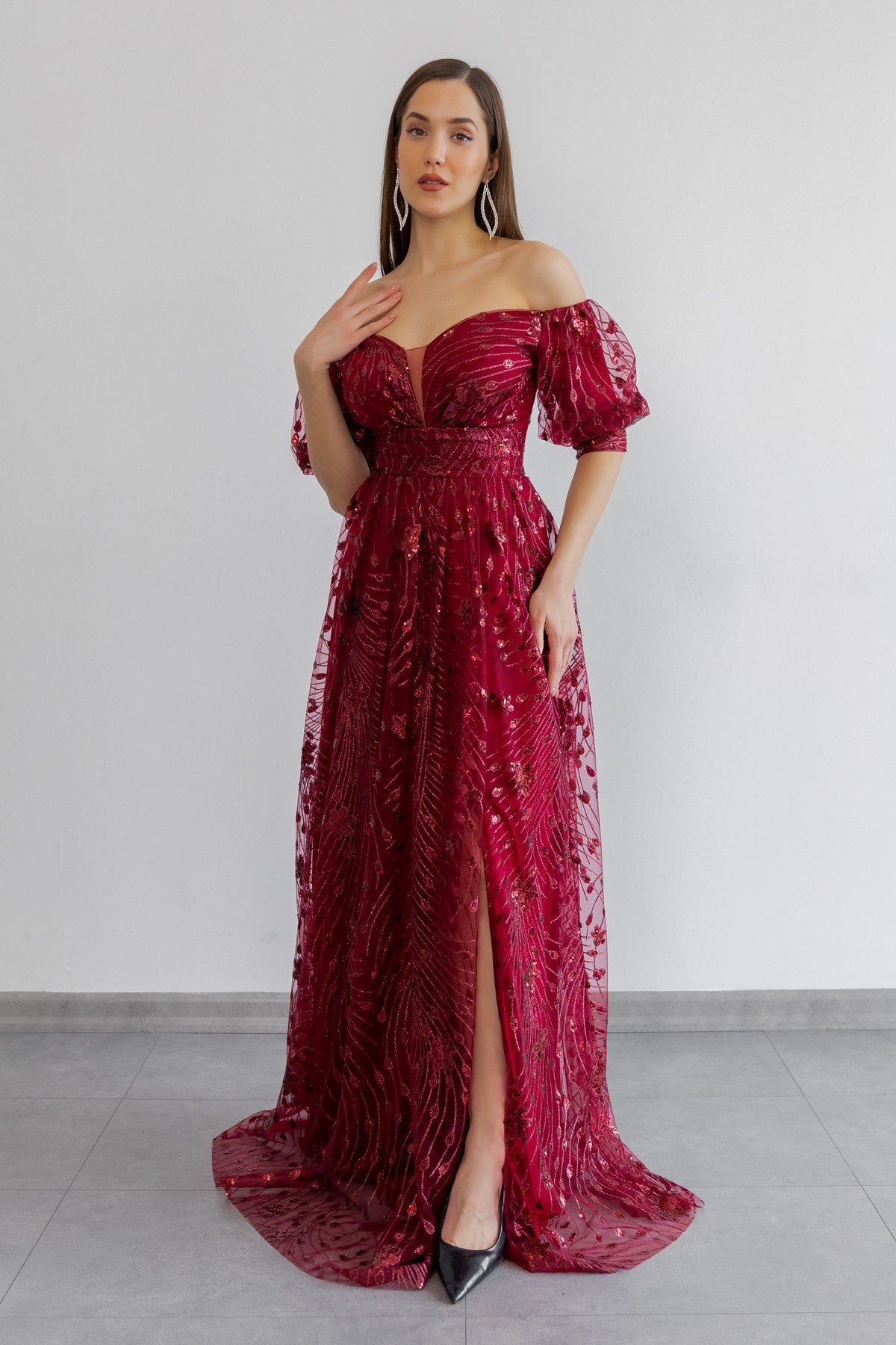 Pul İşlemeli Abiye - BORDO