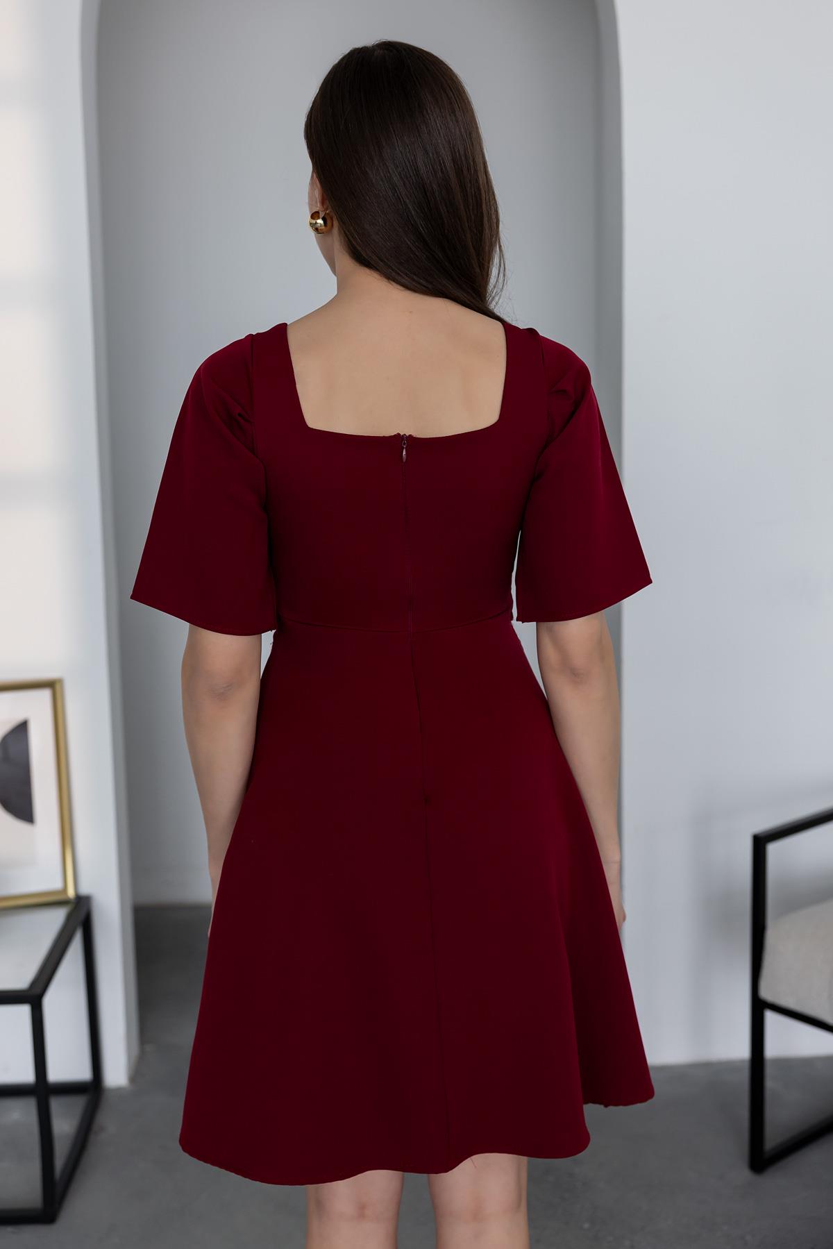 Şifon Detaylı Mini Elbise - BORDO