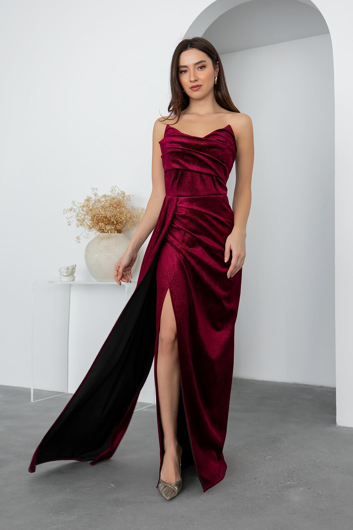 Straplez Simli Abiye - BORDO