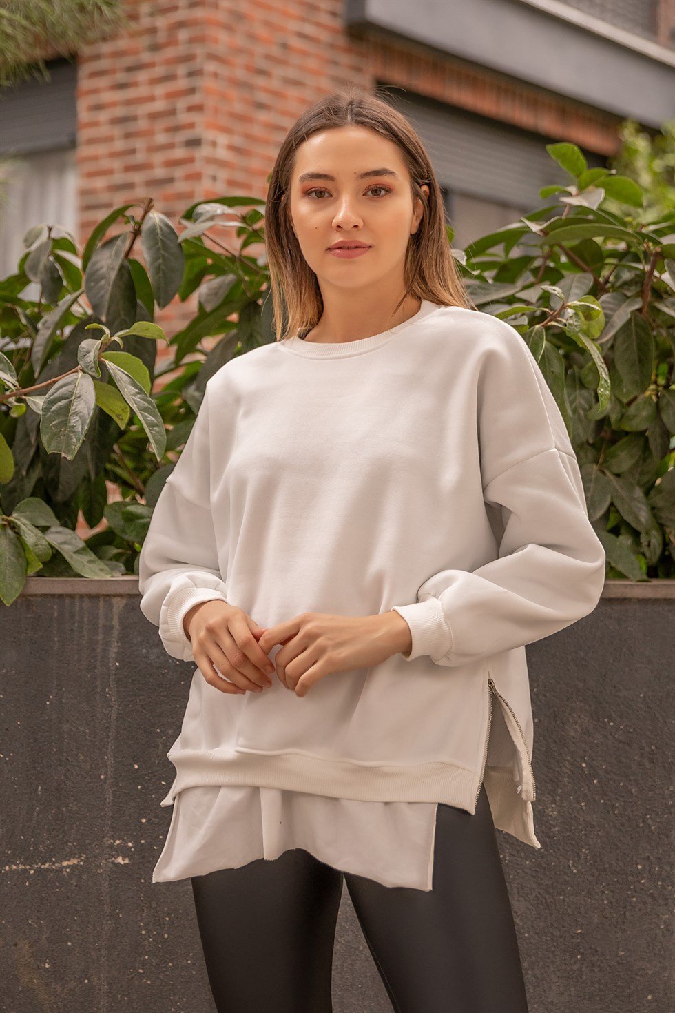 Yan Fermuar Şardonlu Sweat - BEYAZ